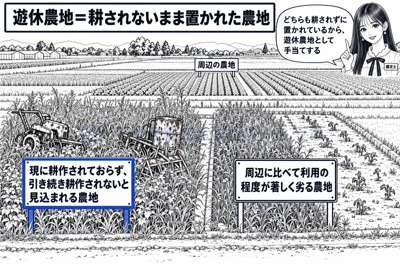 遊休農地の図解：耕されないまま置かれた農地と、周りに比べて著しく利用の劣る農地。どちらも遊休農地。
