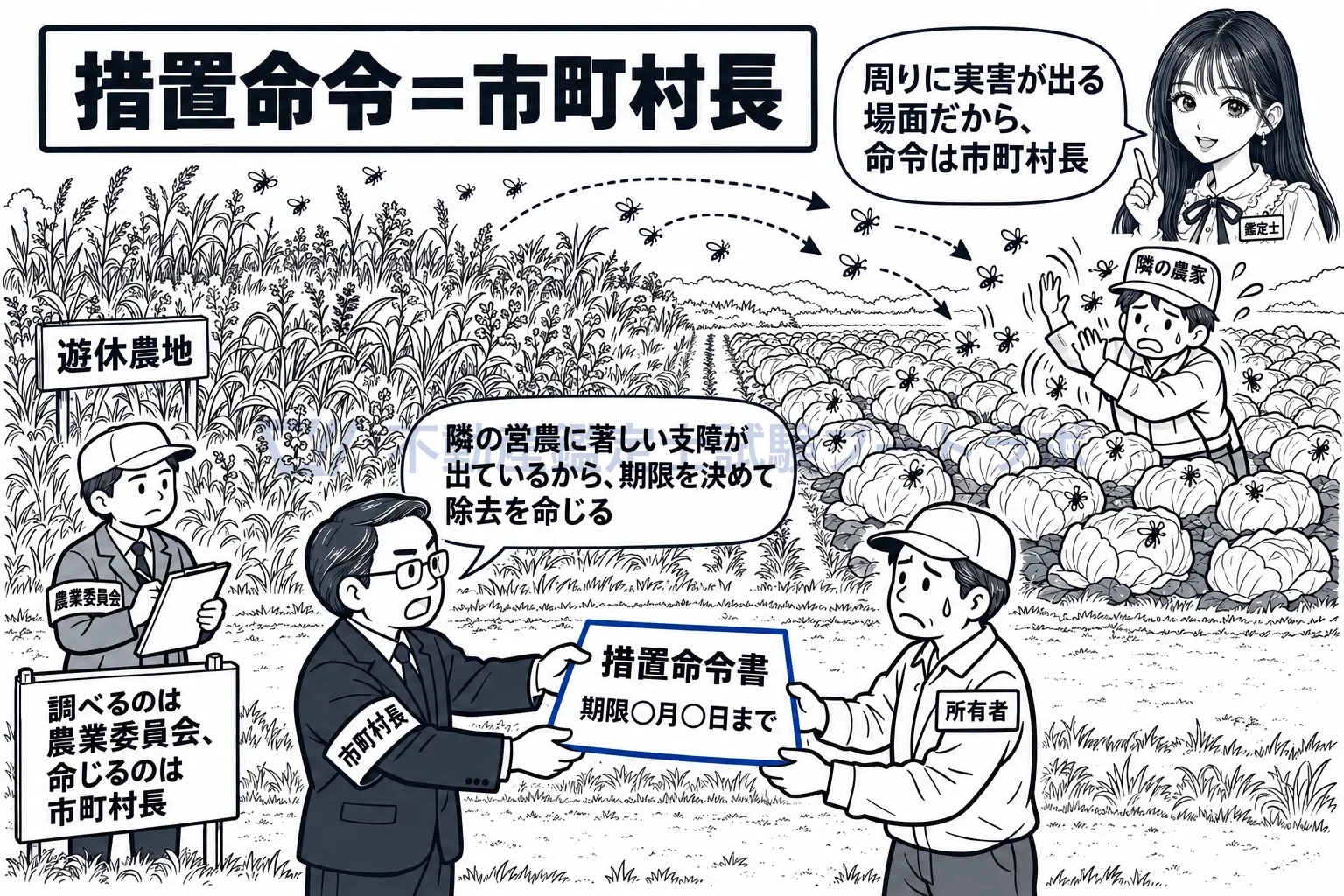 遊休農地の図解：荒れた畑の害虫が隣の畑に広がるとき、命令を出すのは市町村長。