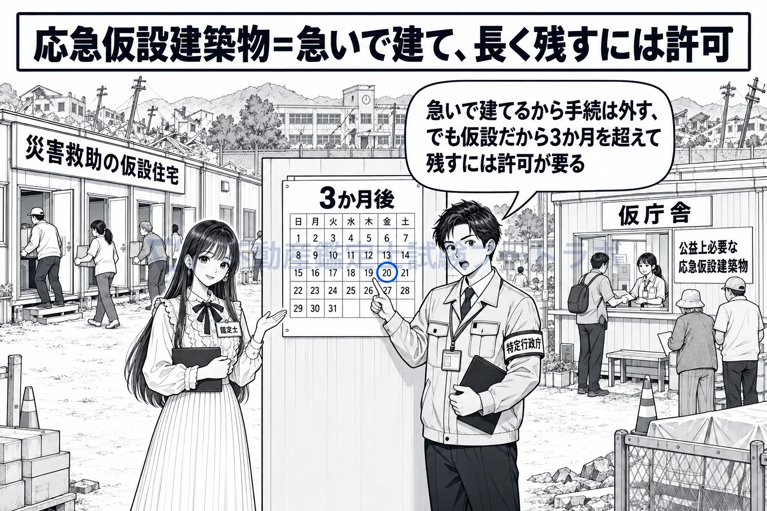 応急仮設建築物の図解：急いで建てるから手続を外し、仮設だから長く残すには許可が要る。