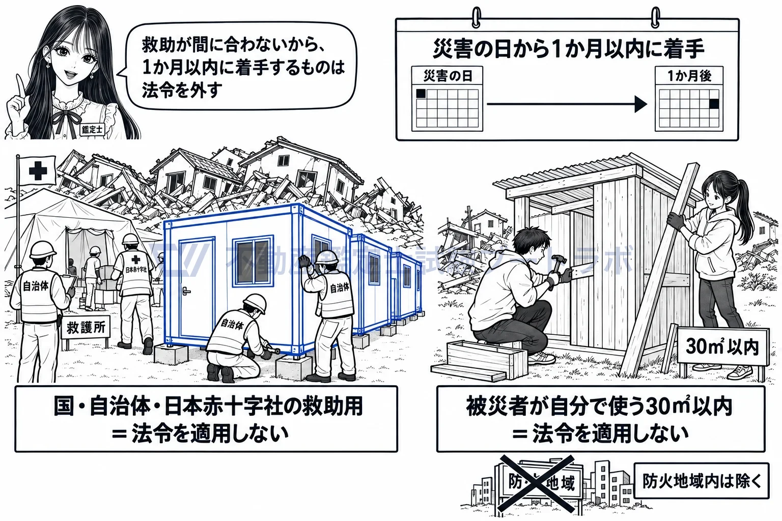 応急仮設建築物の図解：災害の日から1か月以内に着手する救助用の建築物は、法令を適用しない。
