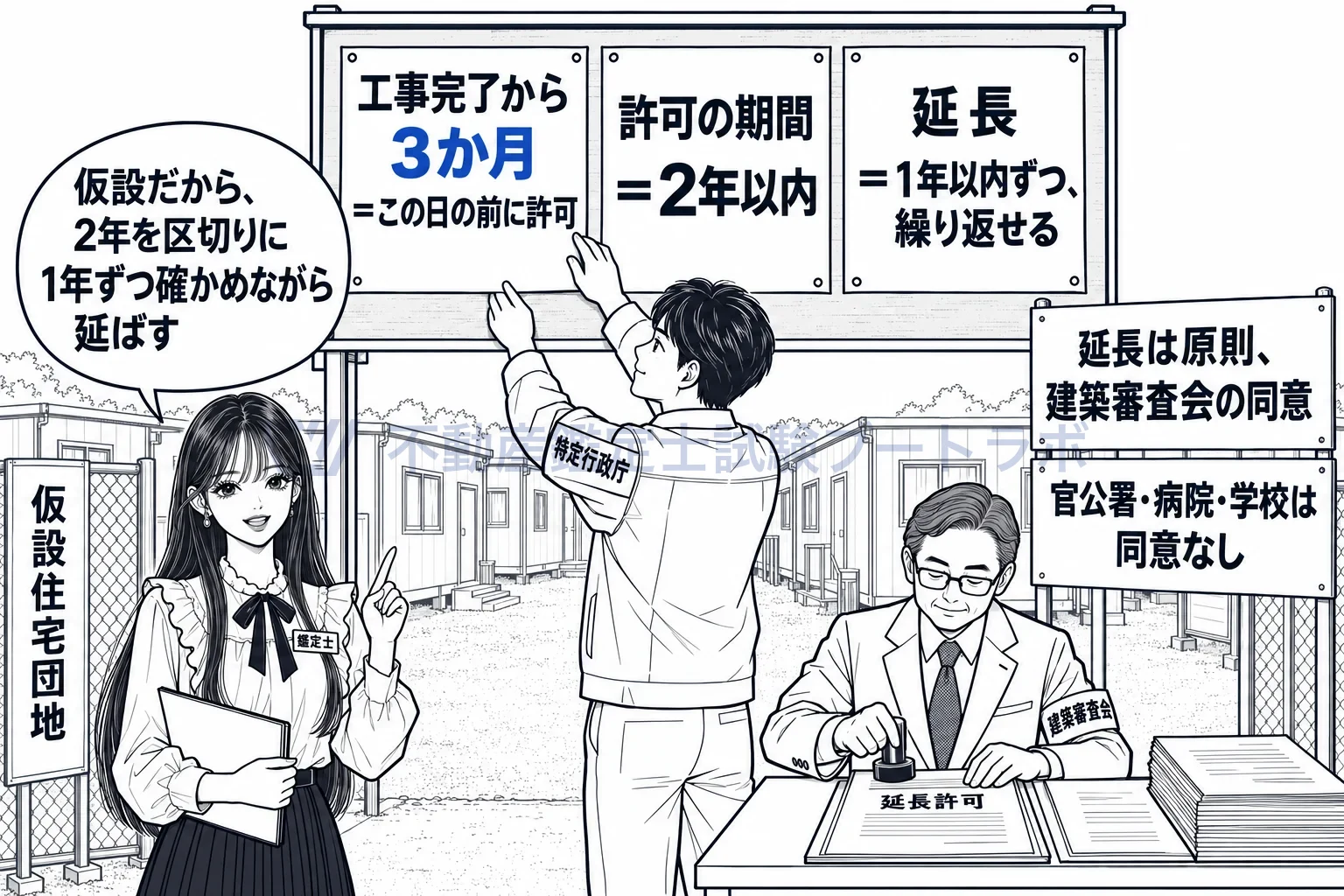 応急仮設建築物の図解：3か月を超える前に許可、許可は2年以内、延長は1年ずつ。