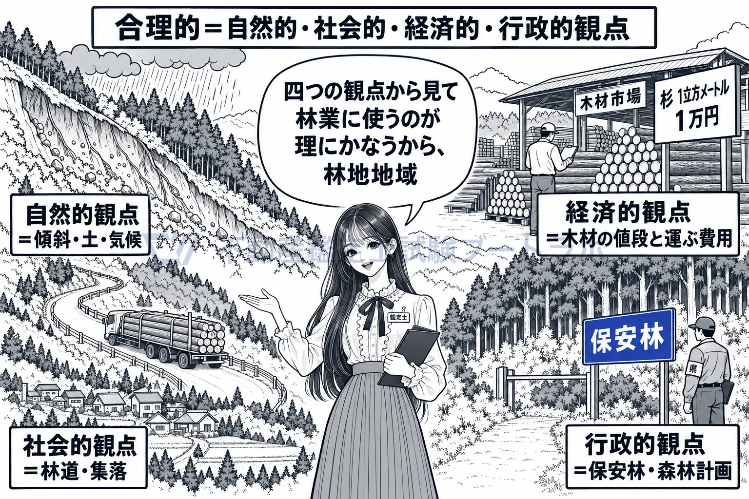 林地地域の図解：傾斜・林道・木材の値段・保安林の標識。四つの観点から林地地域と判断する。