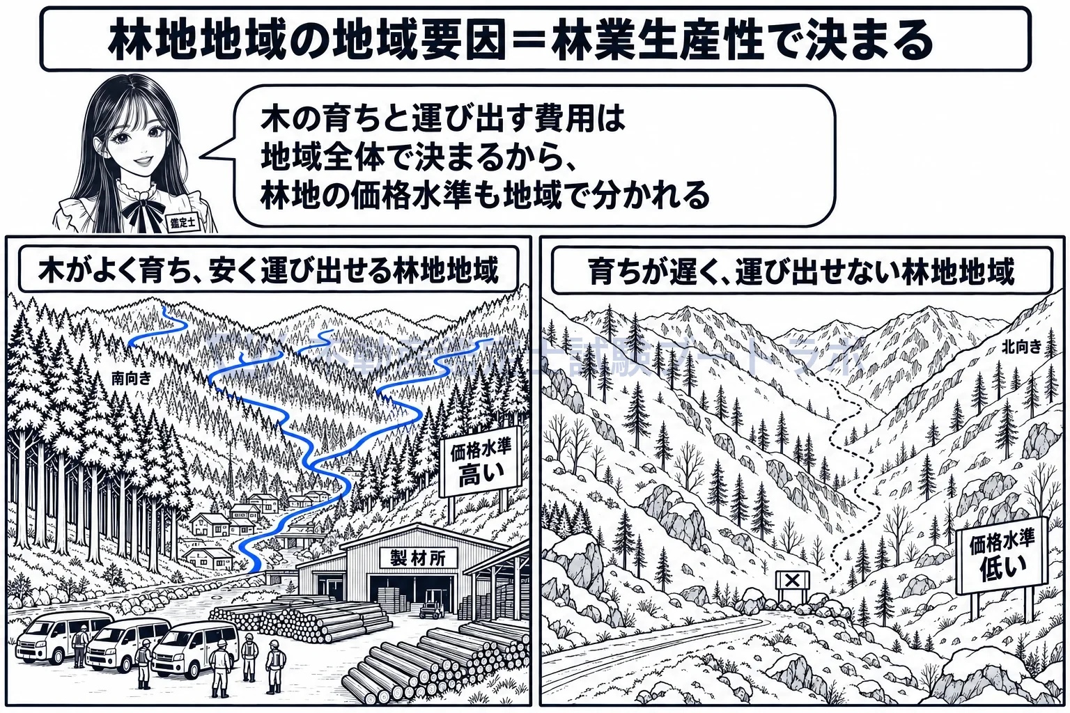 林地地域の地域要因の図解：林道が谷まで通り人手もそろう山あいと、道が途切れた奥山。地域全体で林地の価格水準が違う。