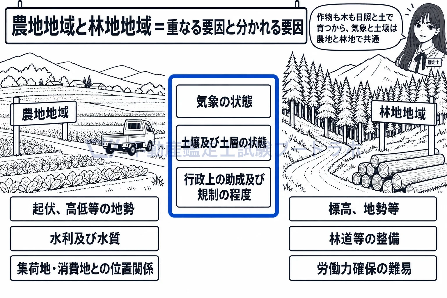 林地地域の地域要因の図解：気象・土壌・行政は農地と共通、林道と労働力は林地の側。