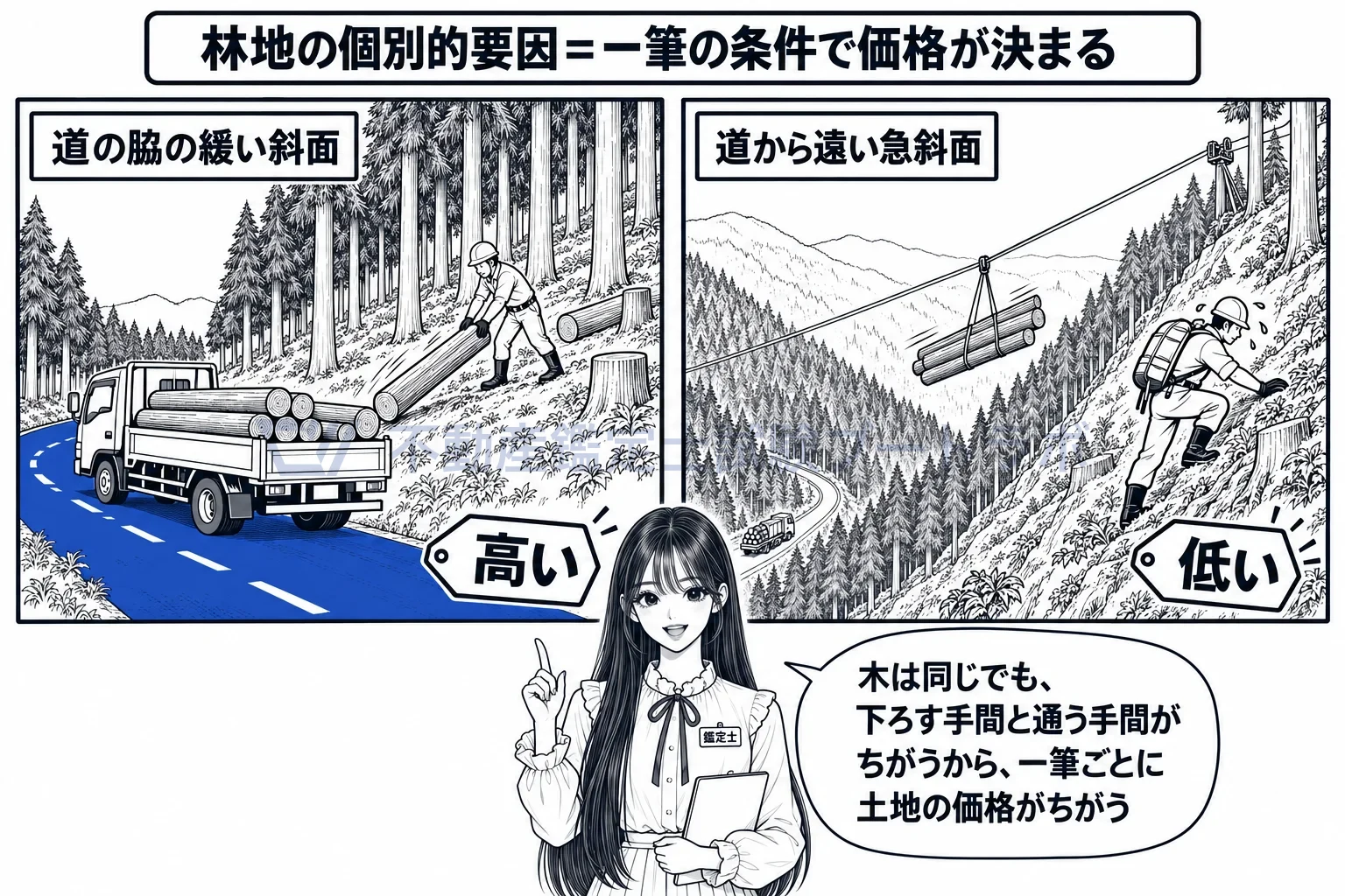 林地の個別的要因の図解:林道の脇の緩い斜面と、道から遠い急斜面では、木が同じでも土地の価格がちがう。