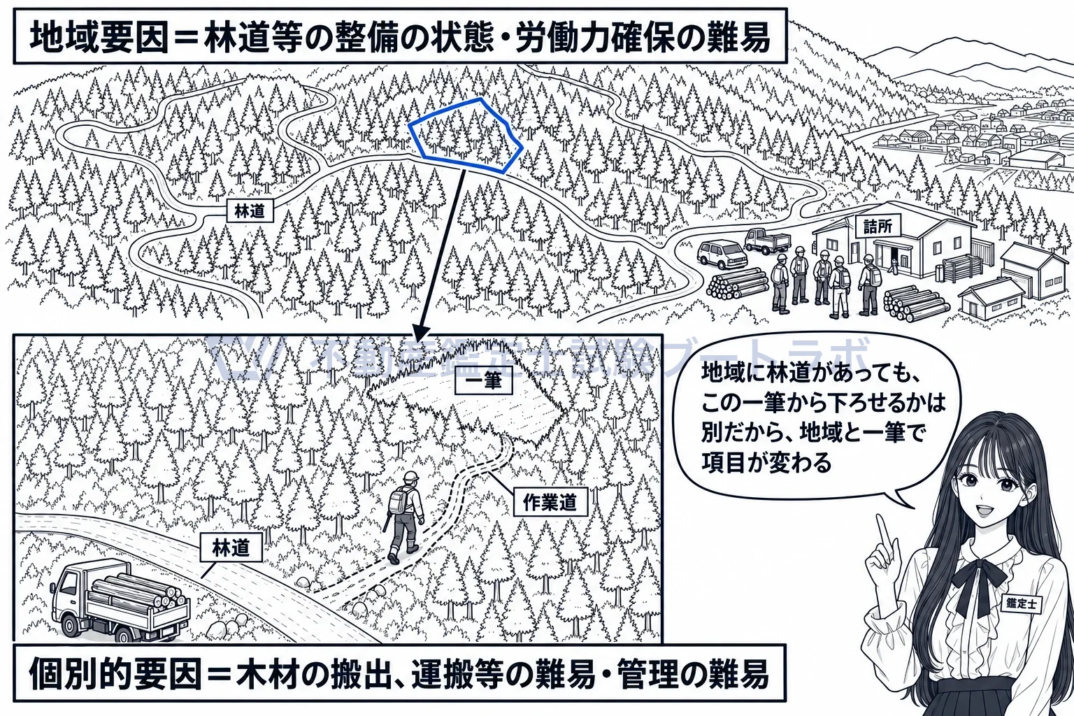 林地の個別的要因の図解:地域に林道があっても、この一筆から下ろせるかは別。