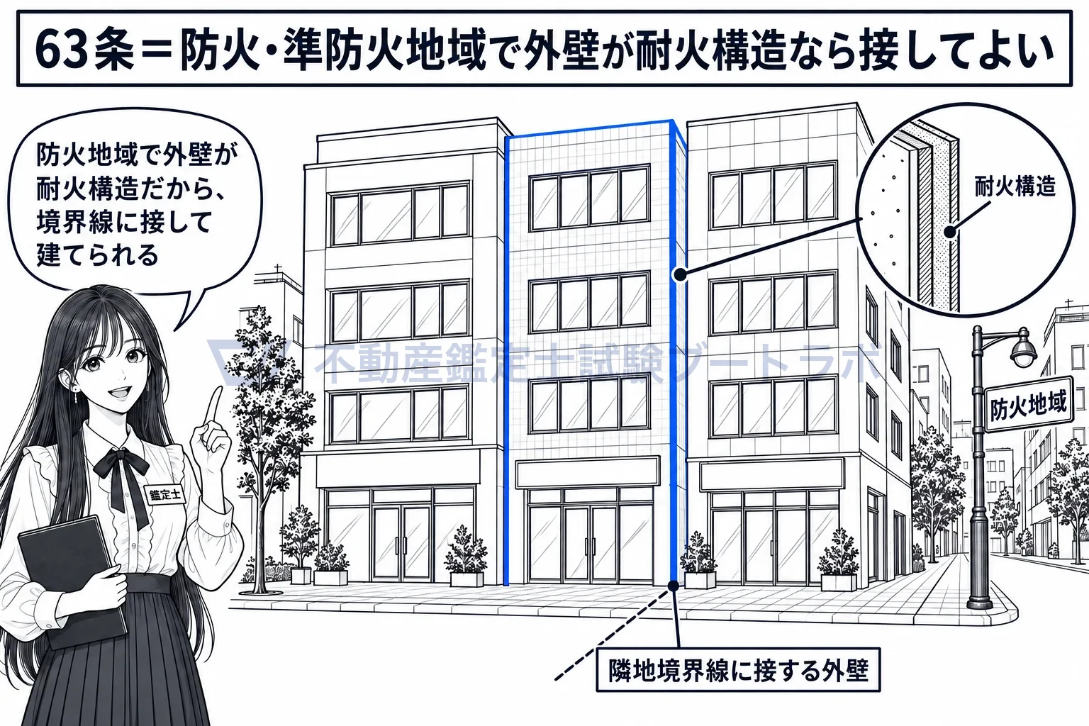 隣地境界線に接する外壁の図解:防火地域で外壁が耐火構造なら、隣との境界線に接して建てられる。