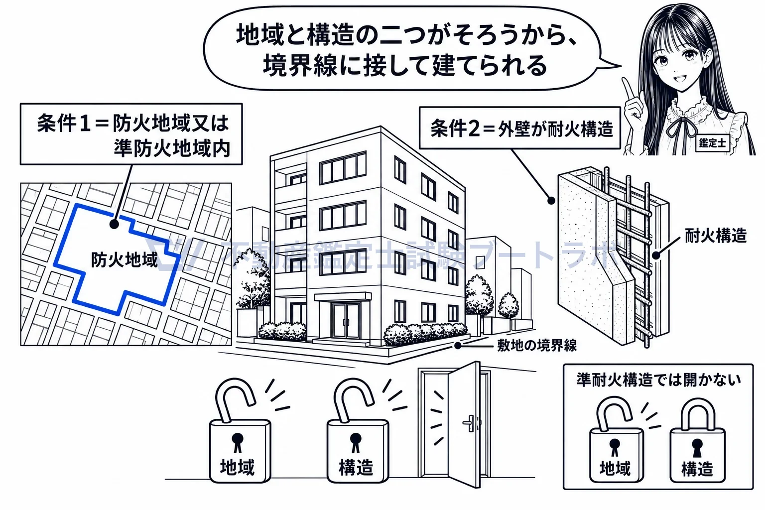 隣地境界線に接する外壁の図解:防火地域か準防火地域の中で、外壁が耐火構造。二つそろって初めて接して建てられる。