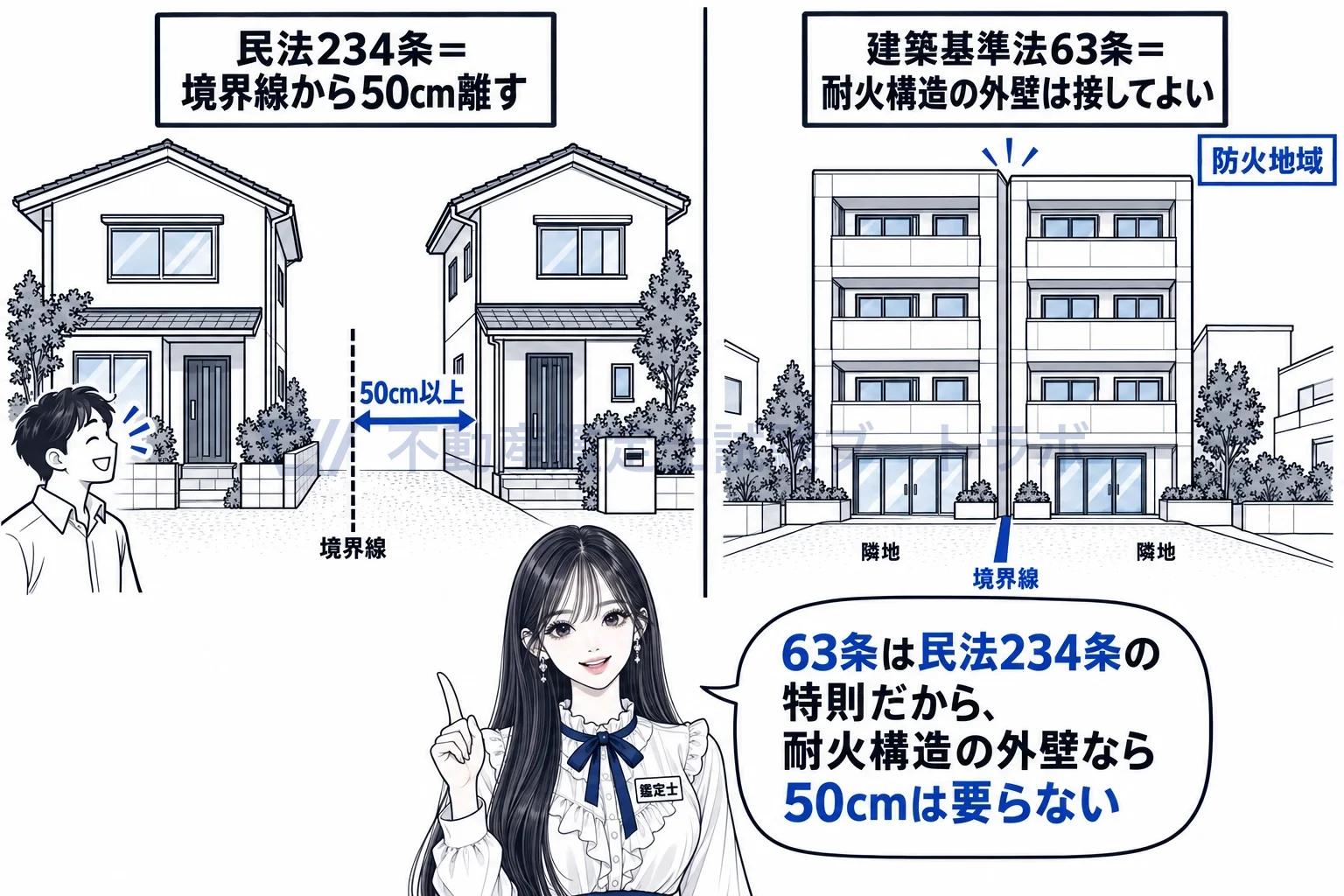 隣地境界線に接する外壁の図解:住宅地では民法の50センチメートル、防火地域の耐火構造の外壁なら建築基準法で接してよい。