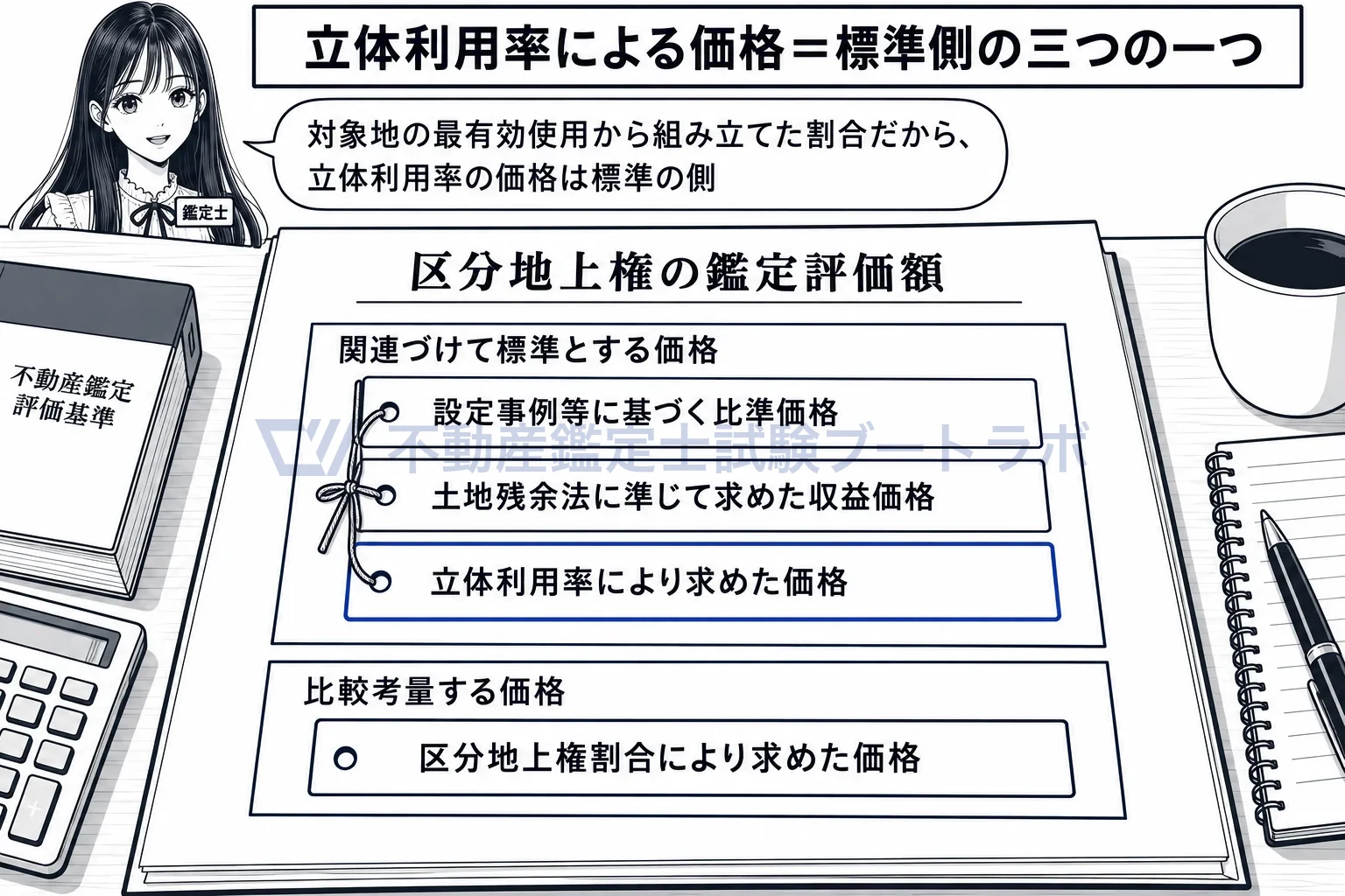 立体利用率の図解:立体利用率による価格は、比準価格・収益価格と並ぶ標準の側。