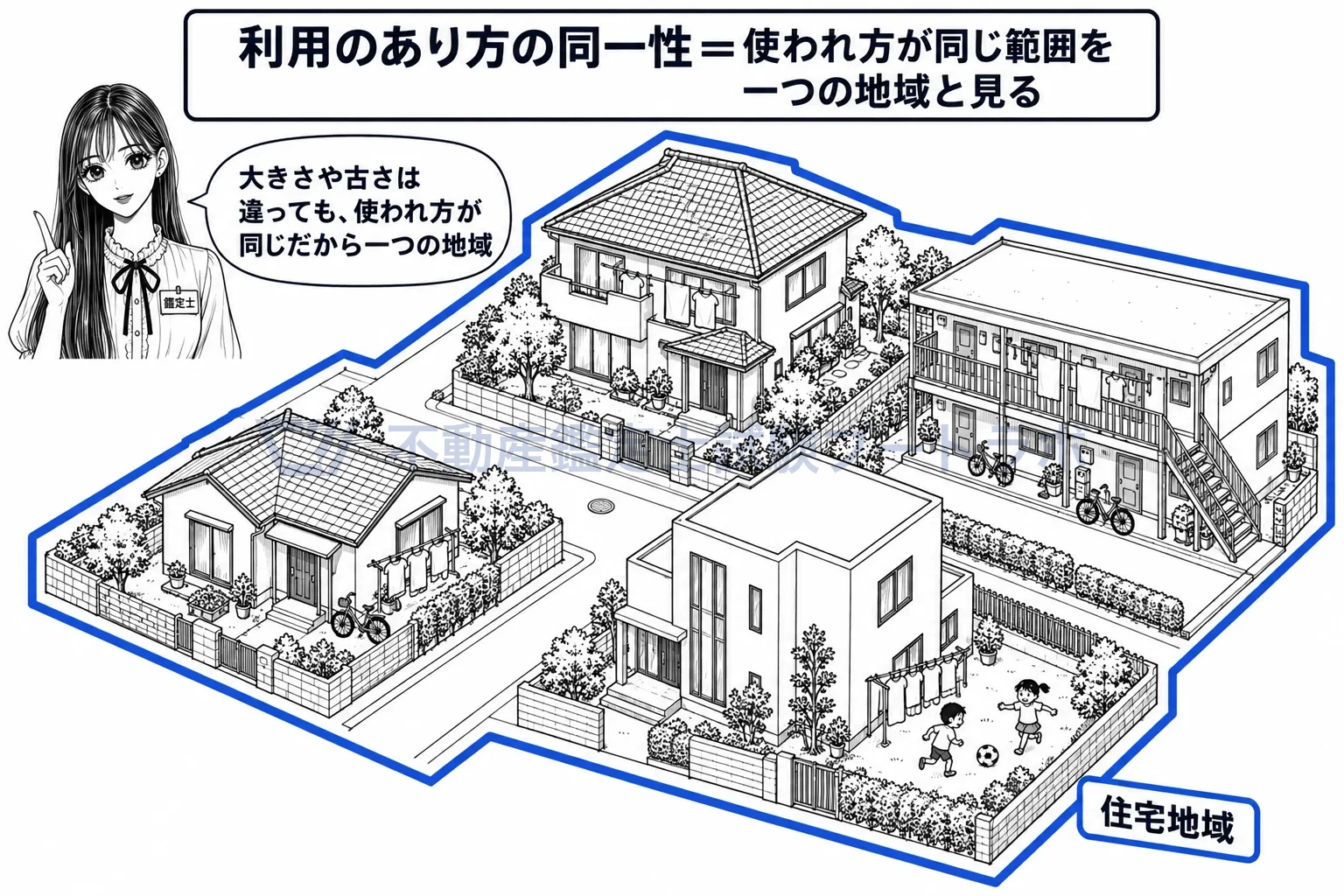 利用のあり方の同一性の図解：大きさや古さは違っても、使われ方が同じなら一つの地域。