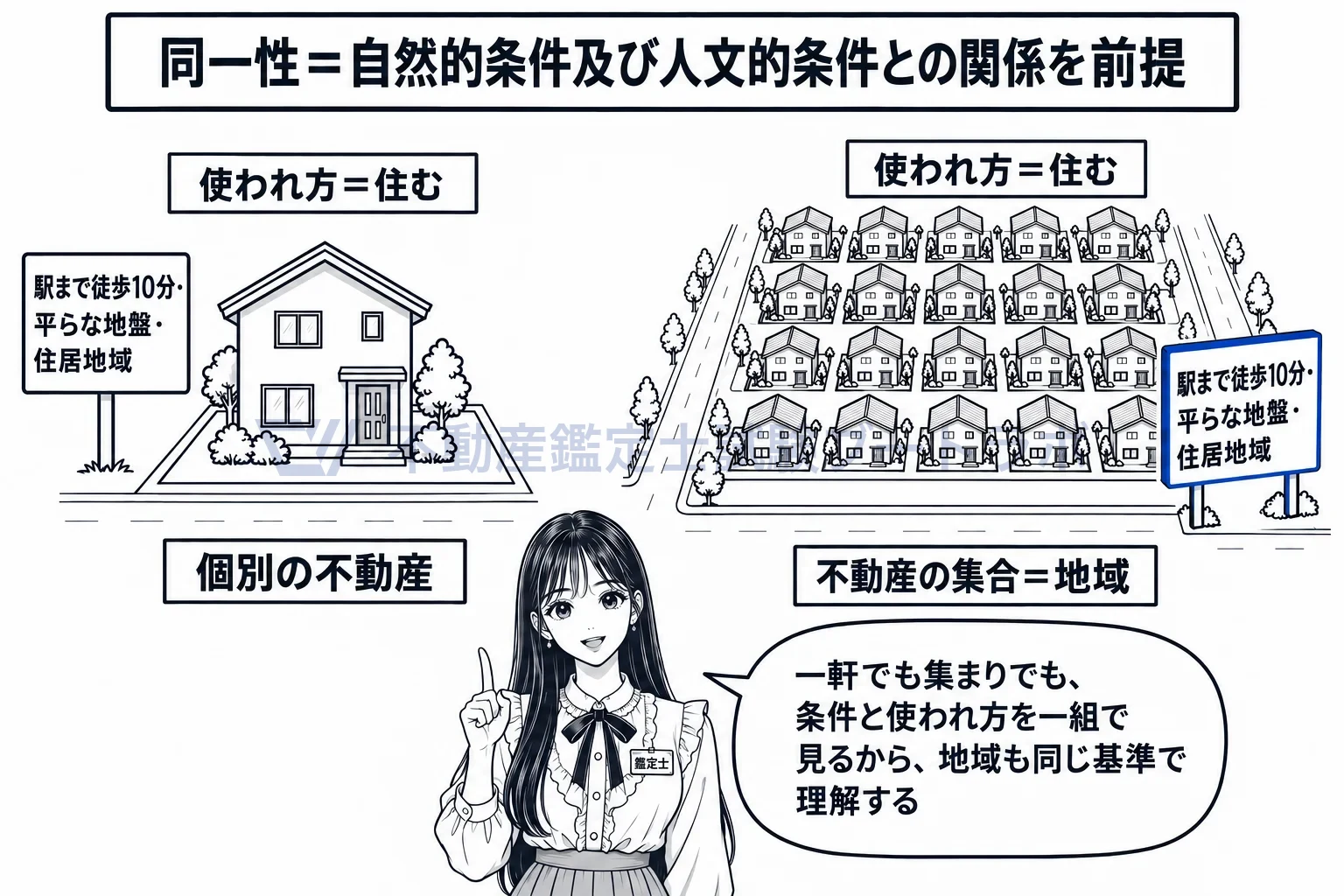 利用のあり方の同一性の図解：一軒でも集まりでも、条件と使われ方を一組で見る。