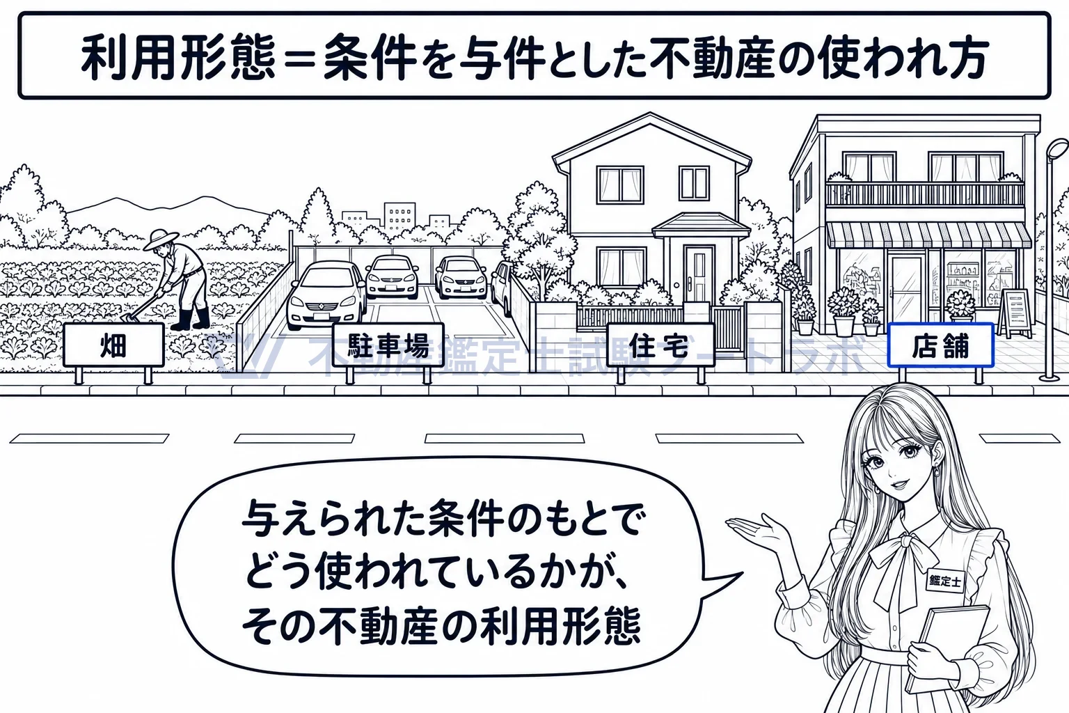 利用形態の図解：畑、駐車場、住宅、店。土地ごとの使われ方が利用形態。
