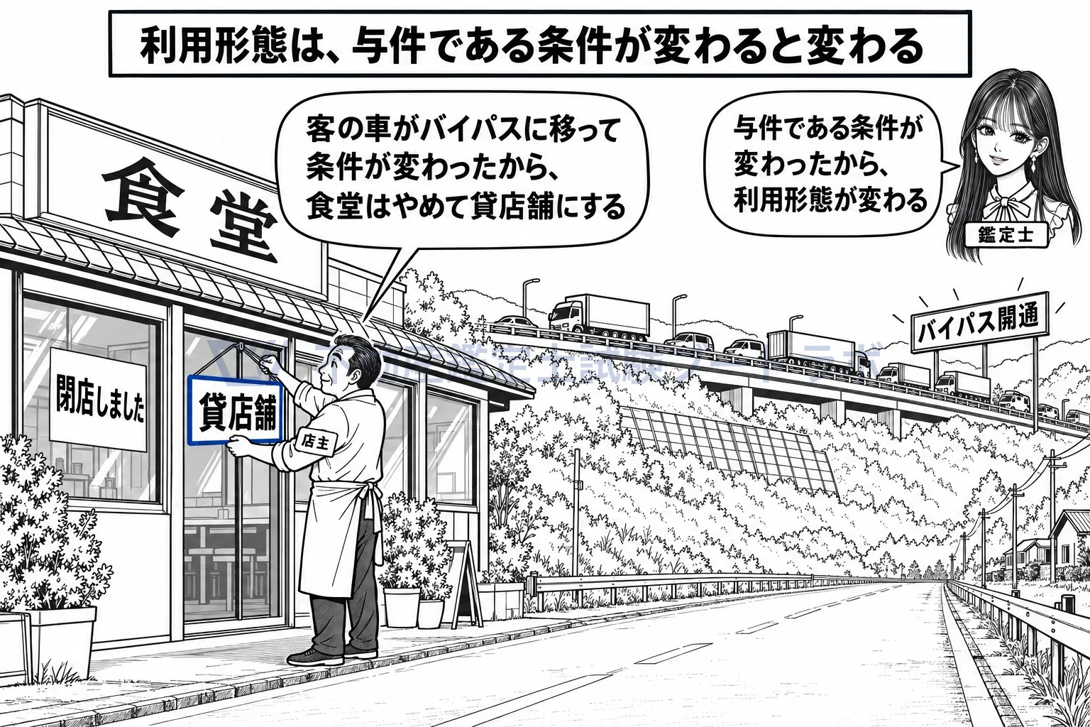 利用形態の図解：バイパスが開通して条件が変わると、街道沿いの食堂は貸店舗に変わる。