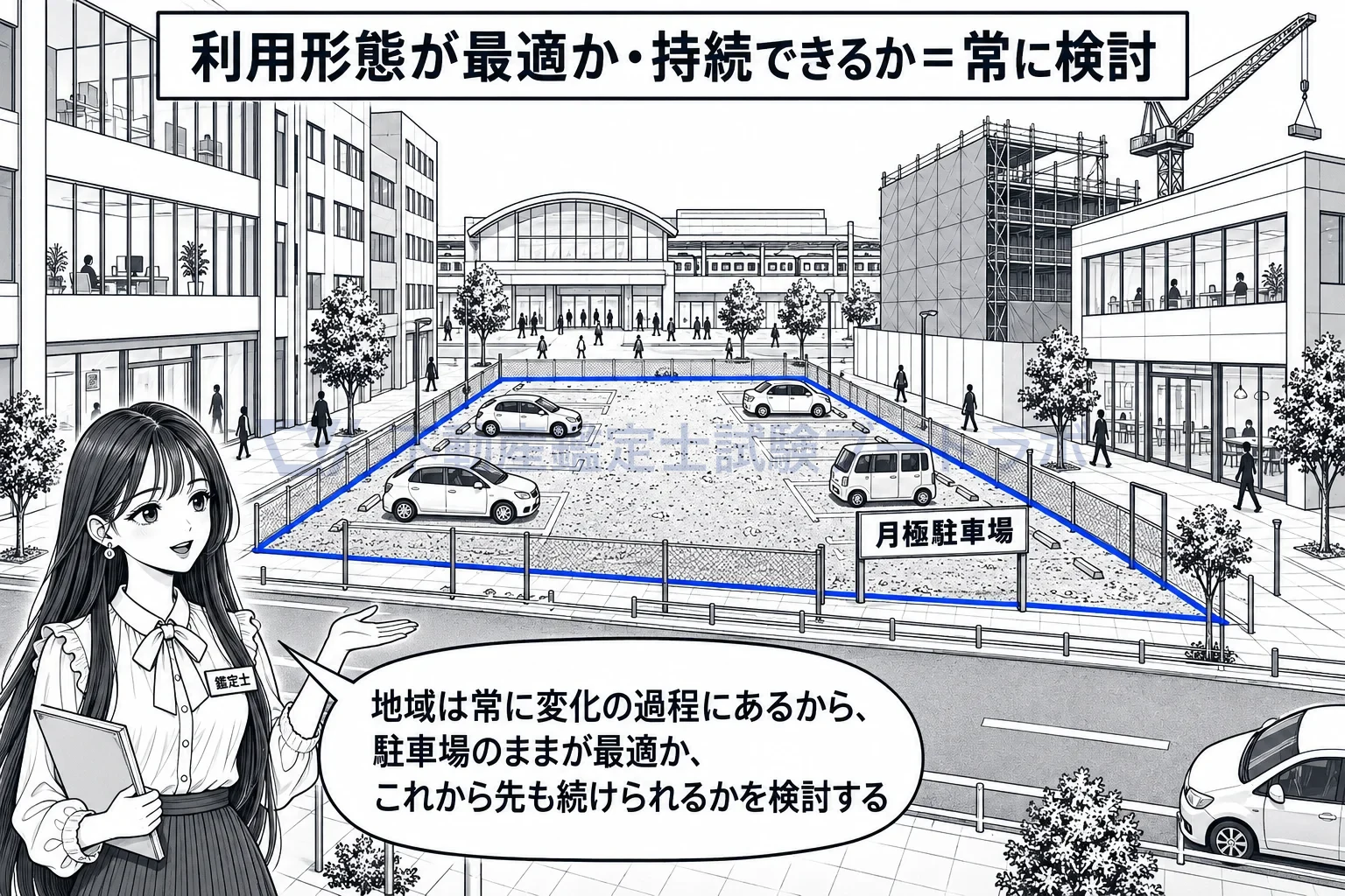利用形態の図解：周りがビルに変わった駅前の駐車場。いまの使われ方が最適か、常に検討する。