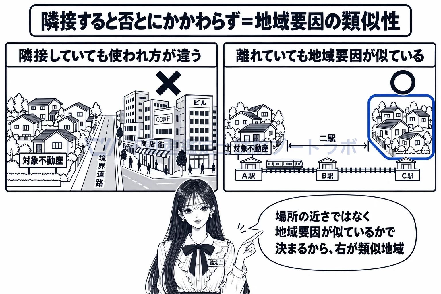 類似地域の図解：隣にあっても似ていなければ類似地域ではなく、離れていても似ていれば類似地域。