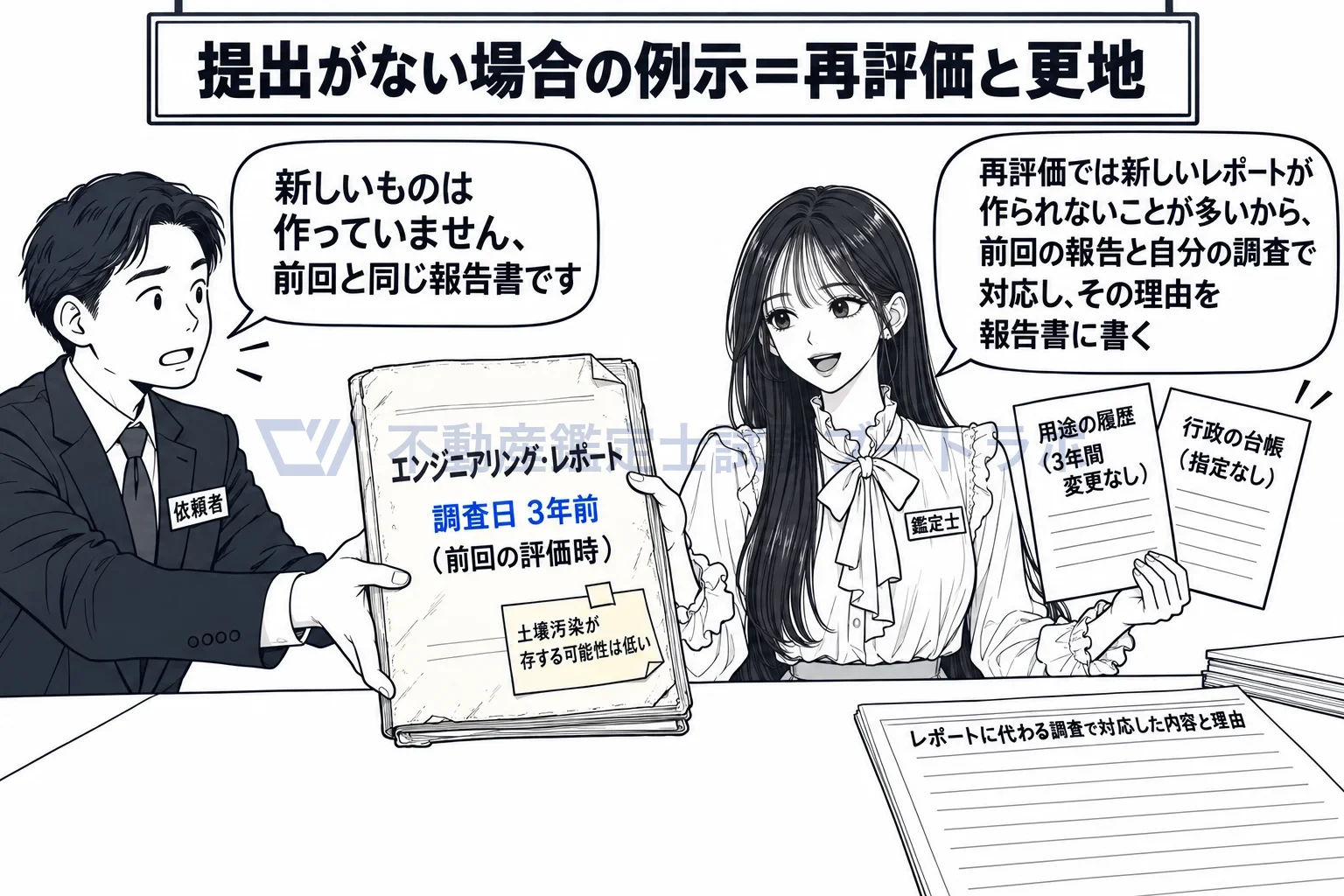 再評価の図解:新しいレポートが出なくても、自分で調査して対応し、理由を報告書に書く。