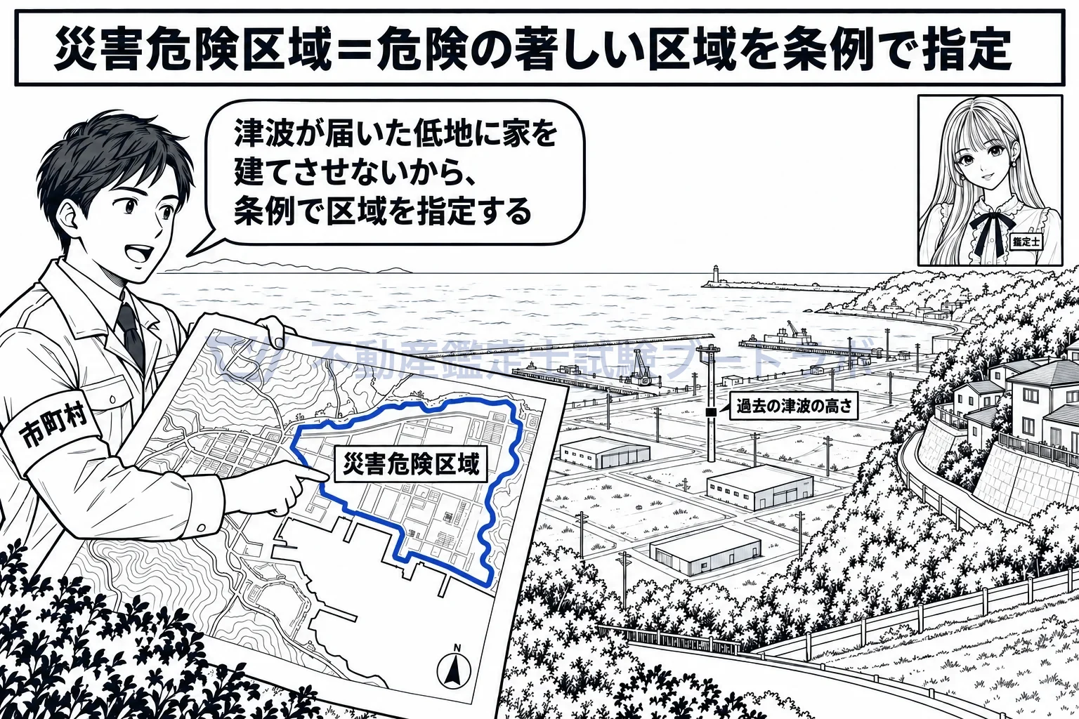 災害危険区域の図解:津波や出水の危険が著しい土地を、条例で災害危険区域に指定する。