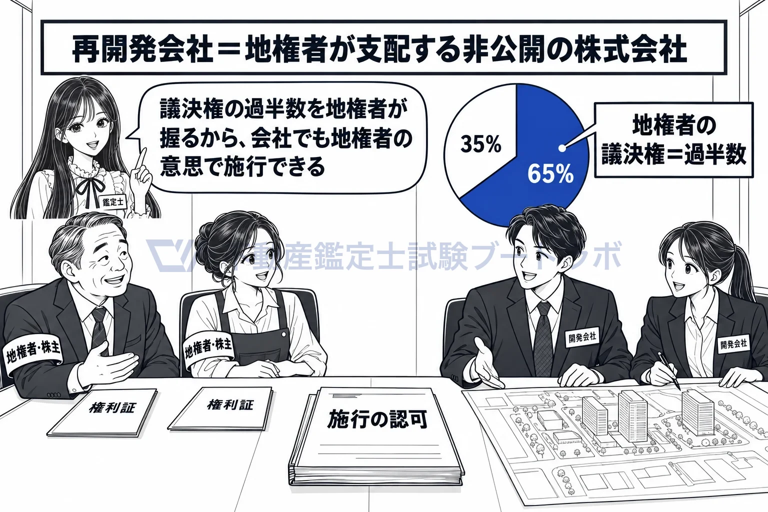 再開発会社の図解：地権者が議決権の過半数を持つ会社だから、施行者になれる。