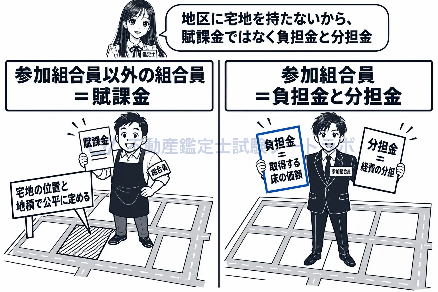 参加組合員の図解:地区内の組合員には賦課金、参加組合員には負担金と分担金。