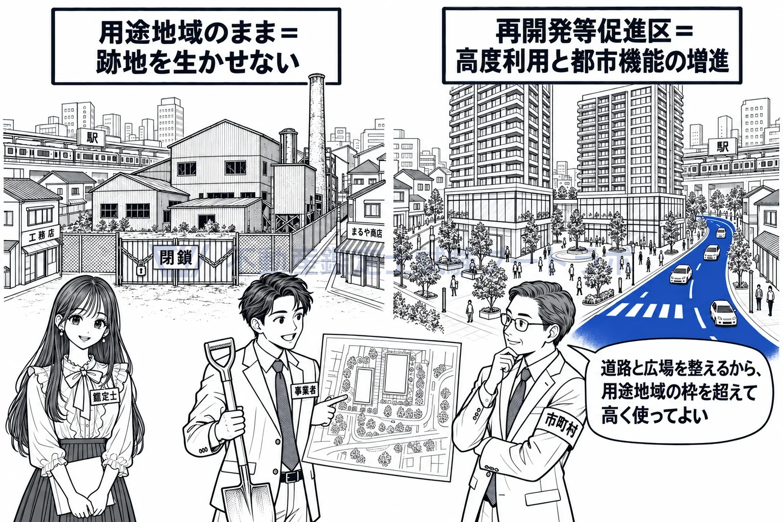 再開発等促進区の図解:道路と広場を整える代わりに、工場跡地を高く使う。