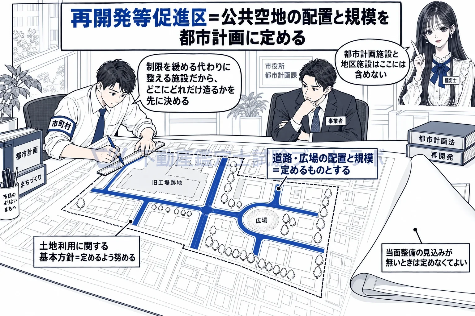 再開発等促進区の図解:制限を緩める代わりに整える道路と広場を、先に都市計画に描き込む。