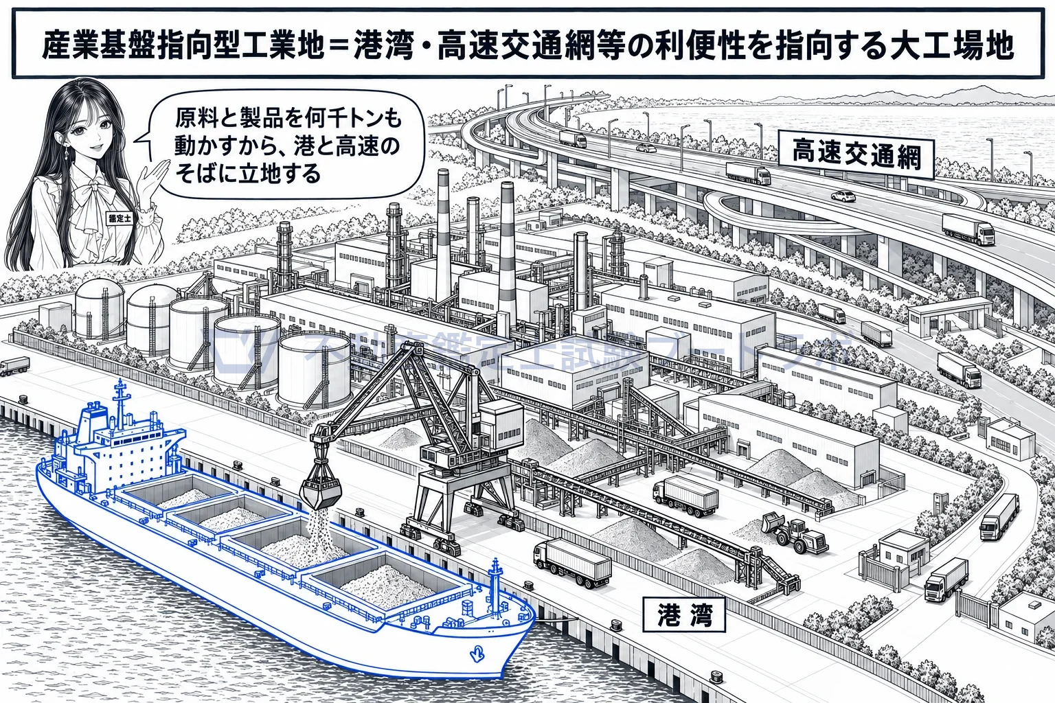産業基盤指向型工業地の図解:港と高速道路のそばに立地する、大工場地の代表。