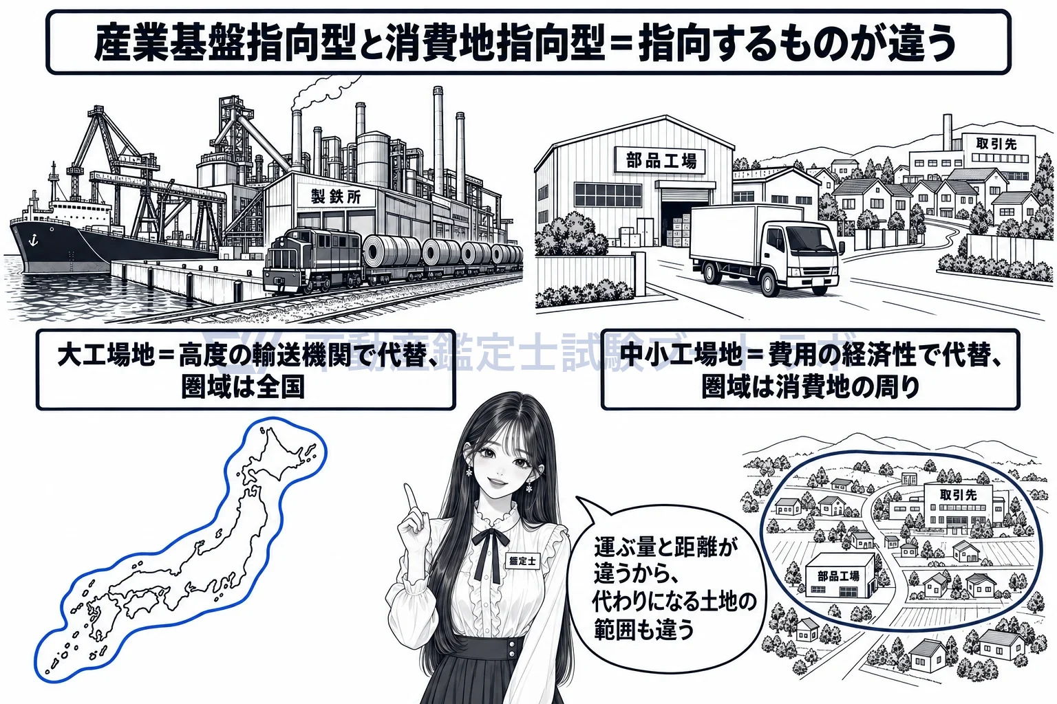 産業基盤指向型工業地の図解:運ぶ量と距離が違うから、大工場地は全国、中小工場地は消費地の周り。