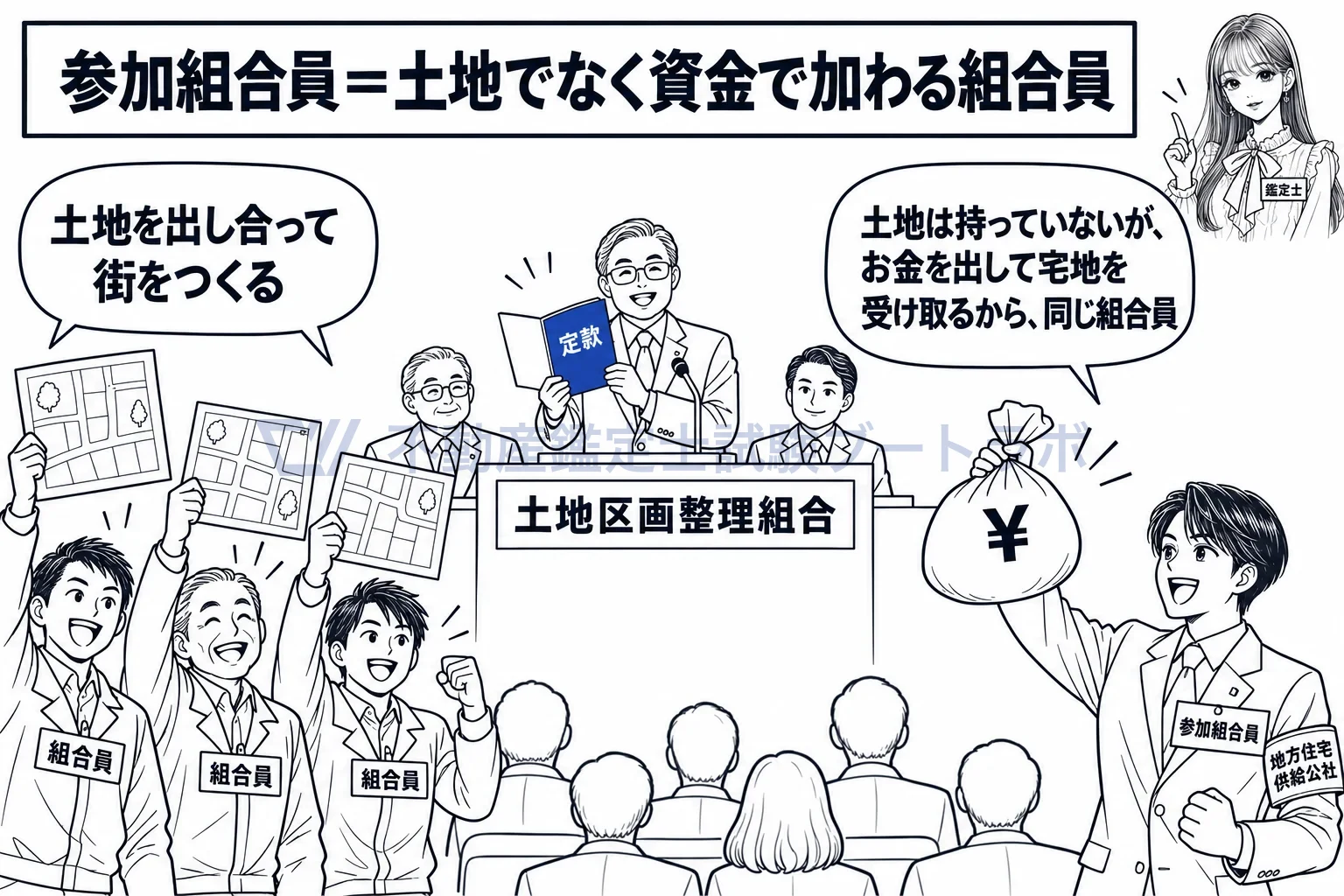 参加組合員の図解：地主は土地を出し、参加組合員はお金を出して、同じ組合の組合員になる。