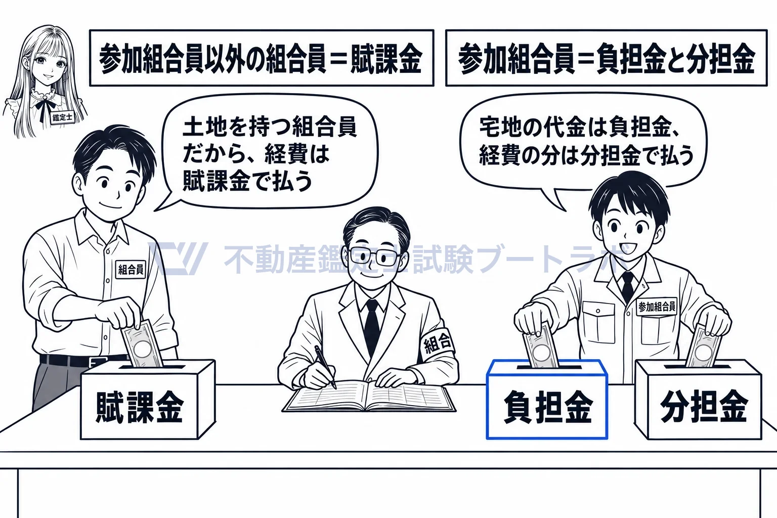 参加組合員の図解：地主は賦課金、参加組合員は負担金と分担金を納める。