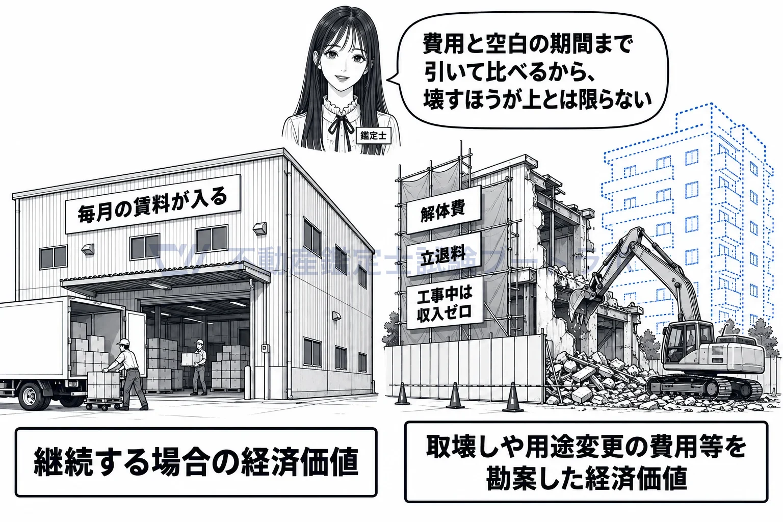 更地としての最有効使用の図解：使い続ける値打ちと、壊して建て替える値打ちを並べて比べる。