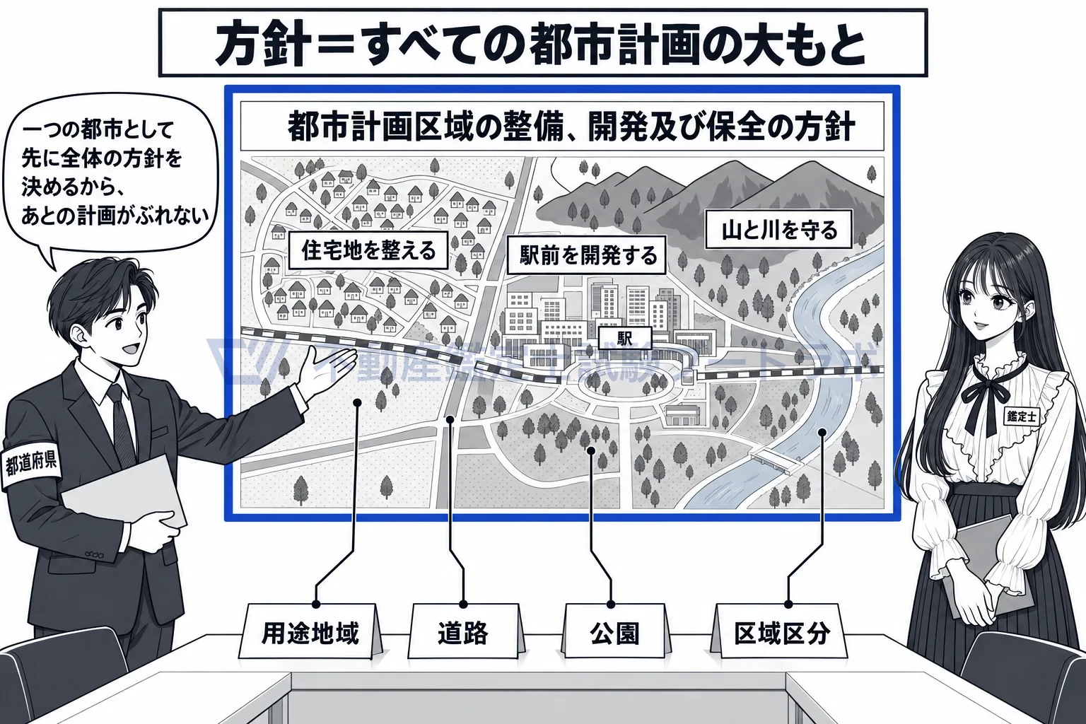 都市計画区域の整備、開発及び保全の方針の図解:区域全体の方針を先に一枚で決めるから、あとの都市計画がぶれない。
