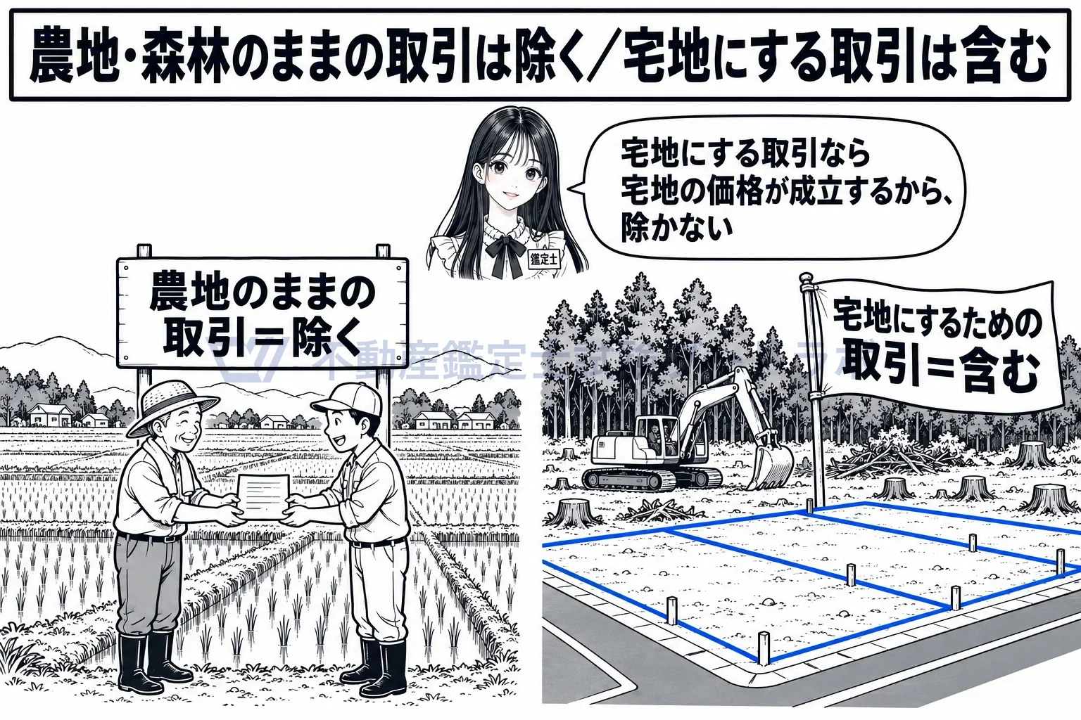 正常な価格の図解：森林のままの取引は除くが、宅地にするための取引は宅地の価格になるから含める。