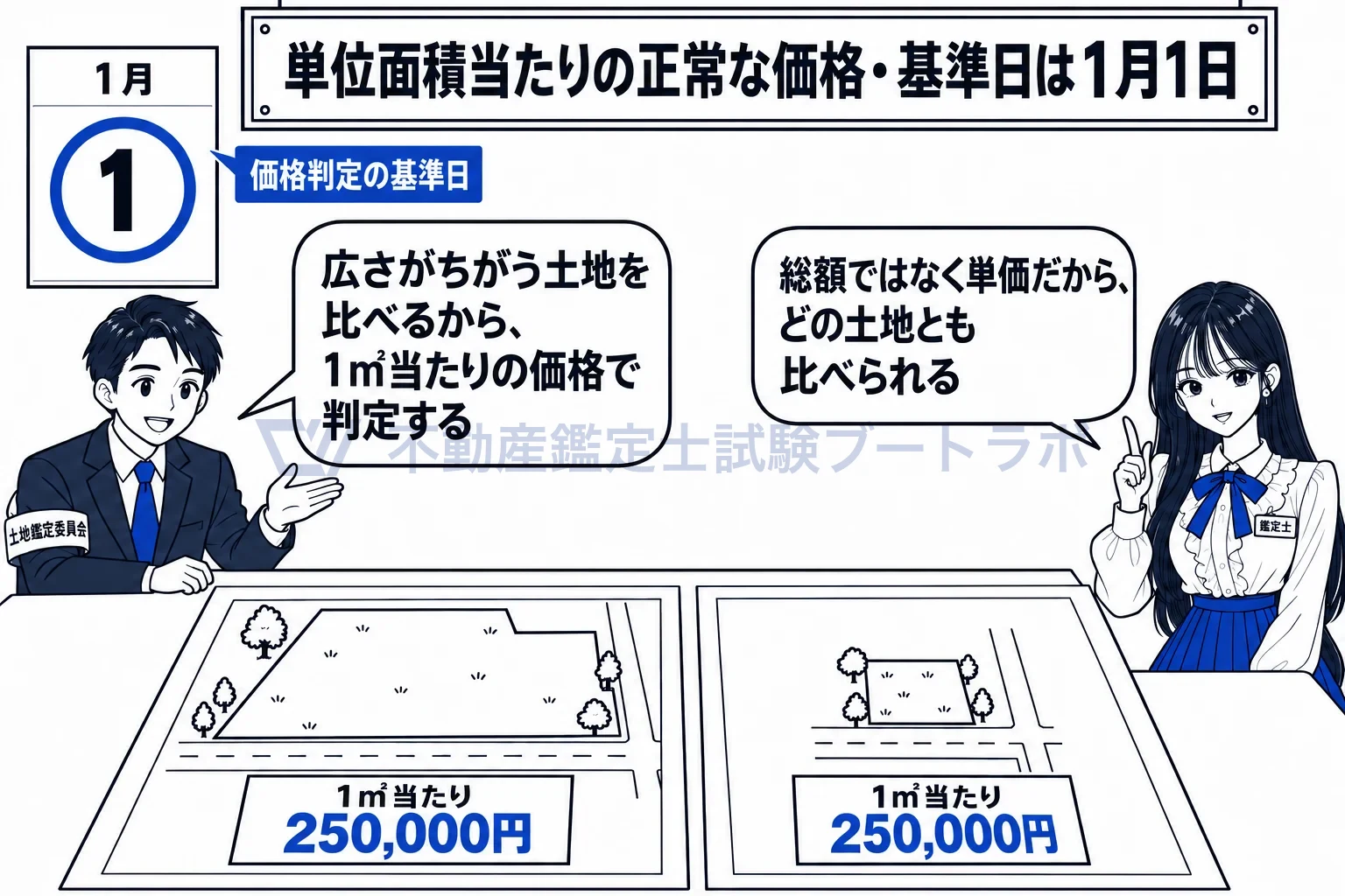正常な価格の図解：広さの違う土地を比べるには単価でそろえるから、1平方メートル当たりで判定する。