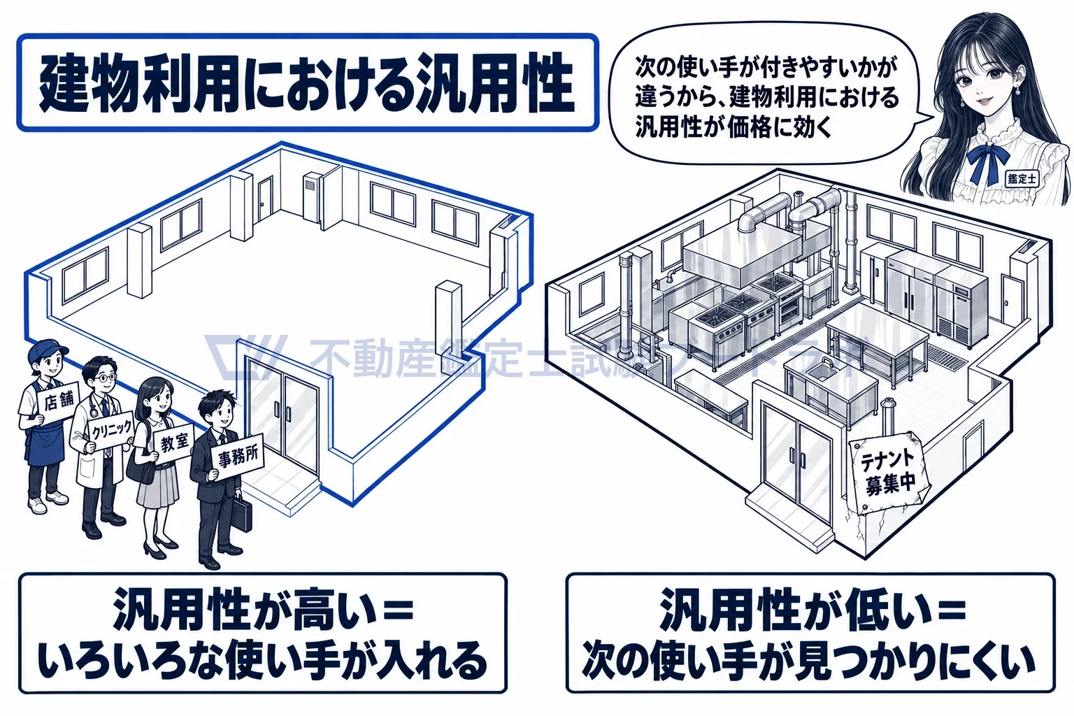 設計、設備等の機能性の図解：汎用性が高い建物は次の使い手が付きやすく、作り込んだ建物は付きにくい。