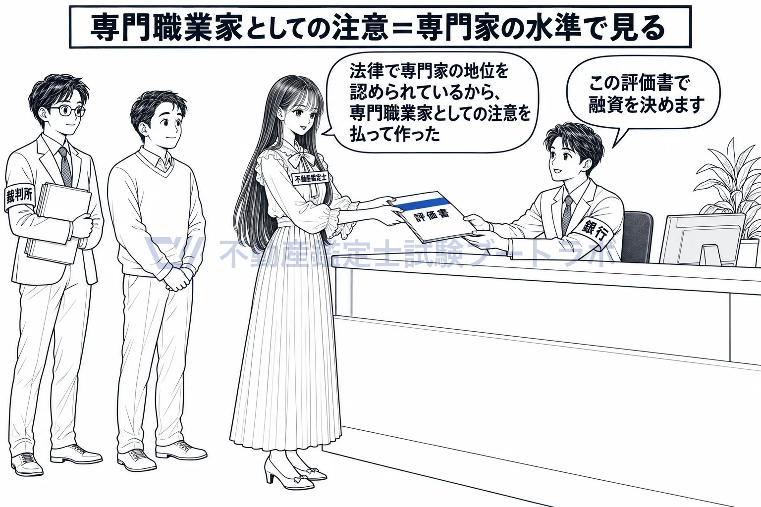 専門職業家としての注意の図解：評価書を頼りにする人がいるから、専門職業家の水準で見る。