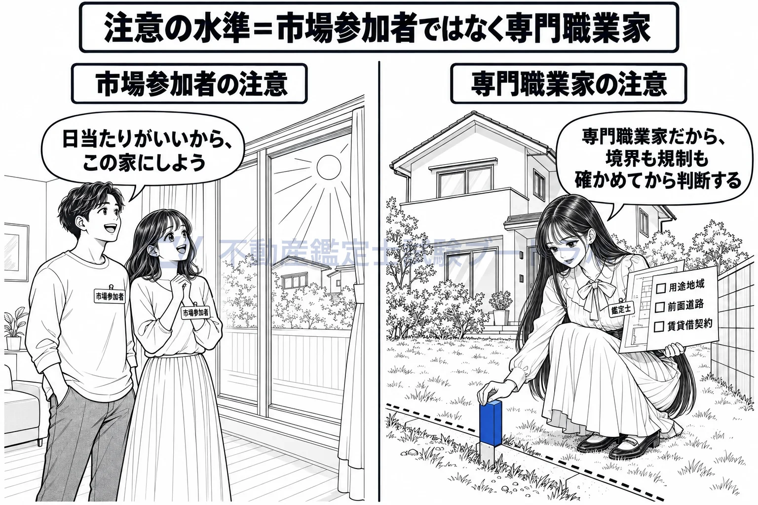 専門職業家としての注意の図解：買い手は日当たりを見て、鑑定士は境界と規制まで確かめる。