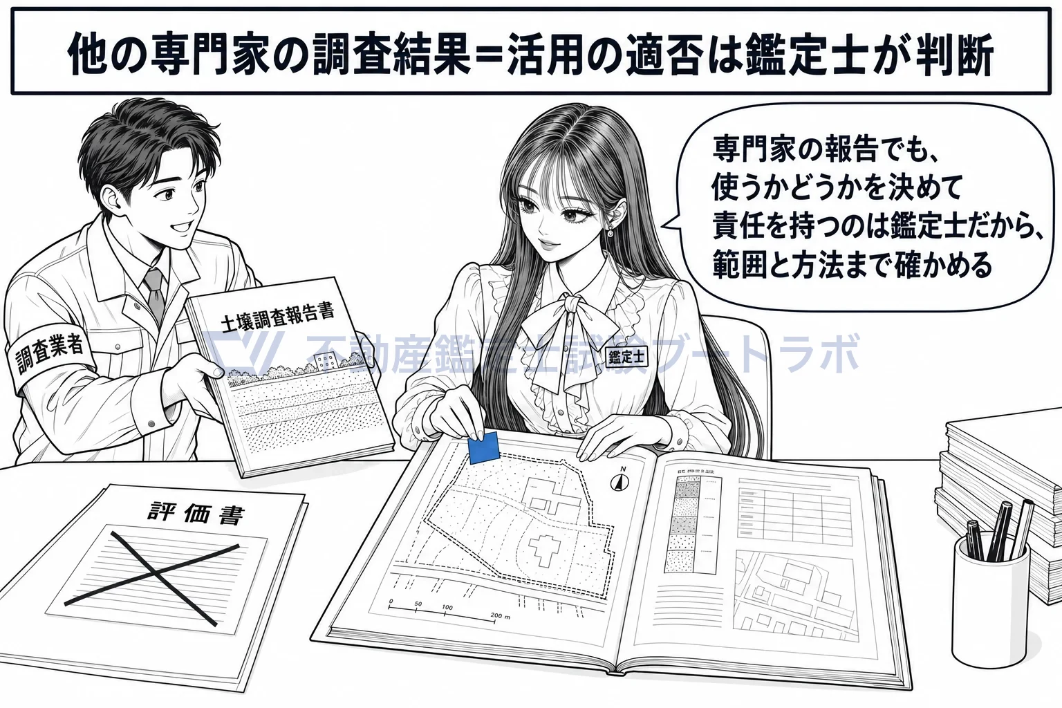 専門職業家としての注意の図解：専門家の報告書でも、使うかどうかを決めて責任を持つのは鑑定士。