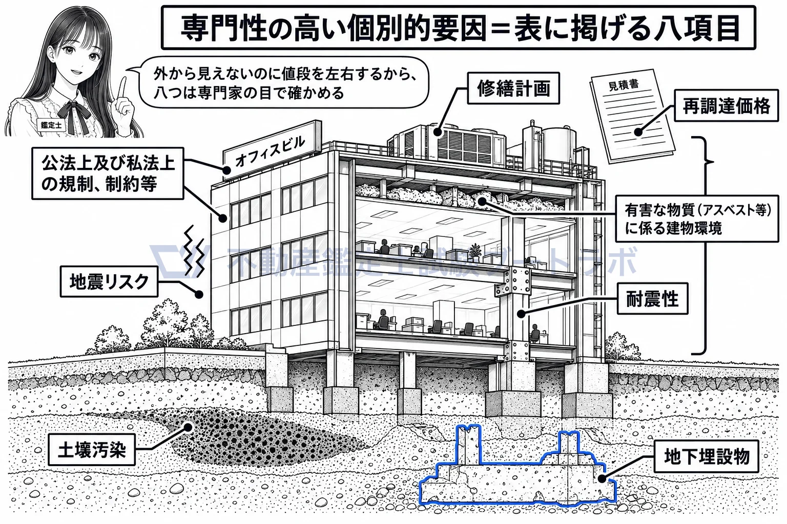 専門性の高い個別的要因の図解：外から見えない八つの事柄を、建物と土地の断面に書き込む。