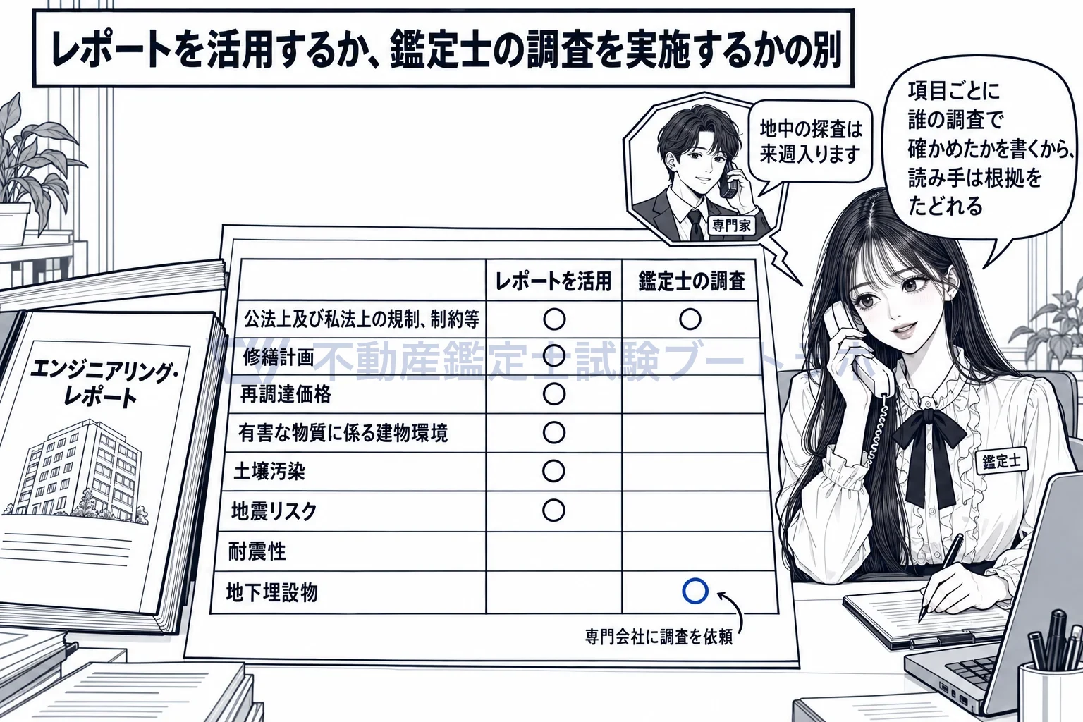 専門性の高い個別的要因の図解：八項目の表に、レポートを活用した項目と鑑定士が調べた項目を書き分ける。