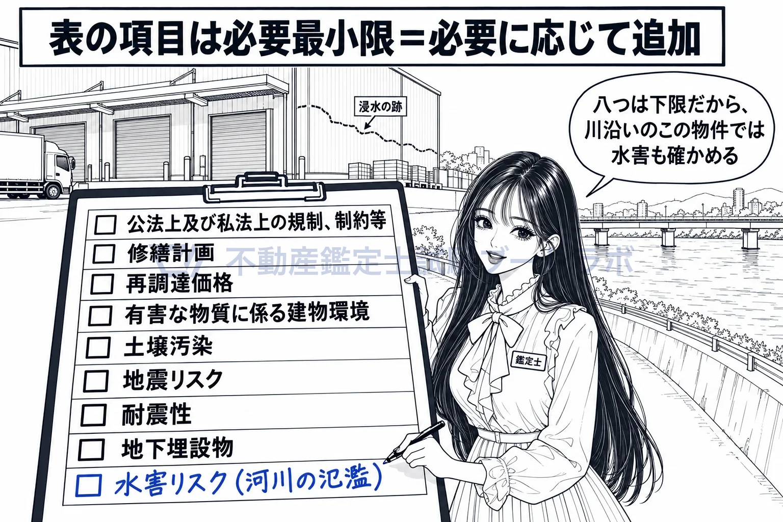 専門性の高い個別的要因の図解：八つの項目は下限で、川沿いの物件なら水害の項目を書き足す。