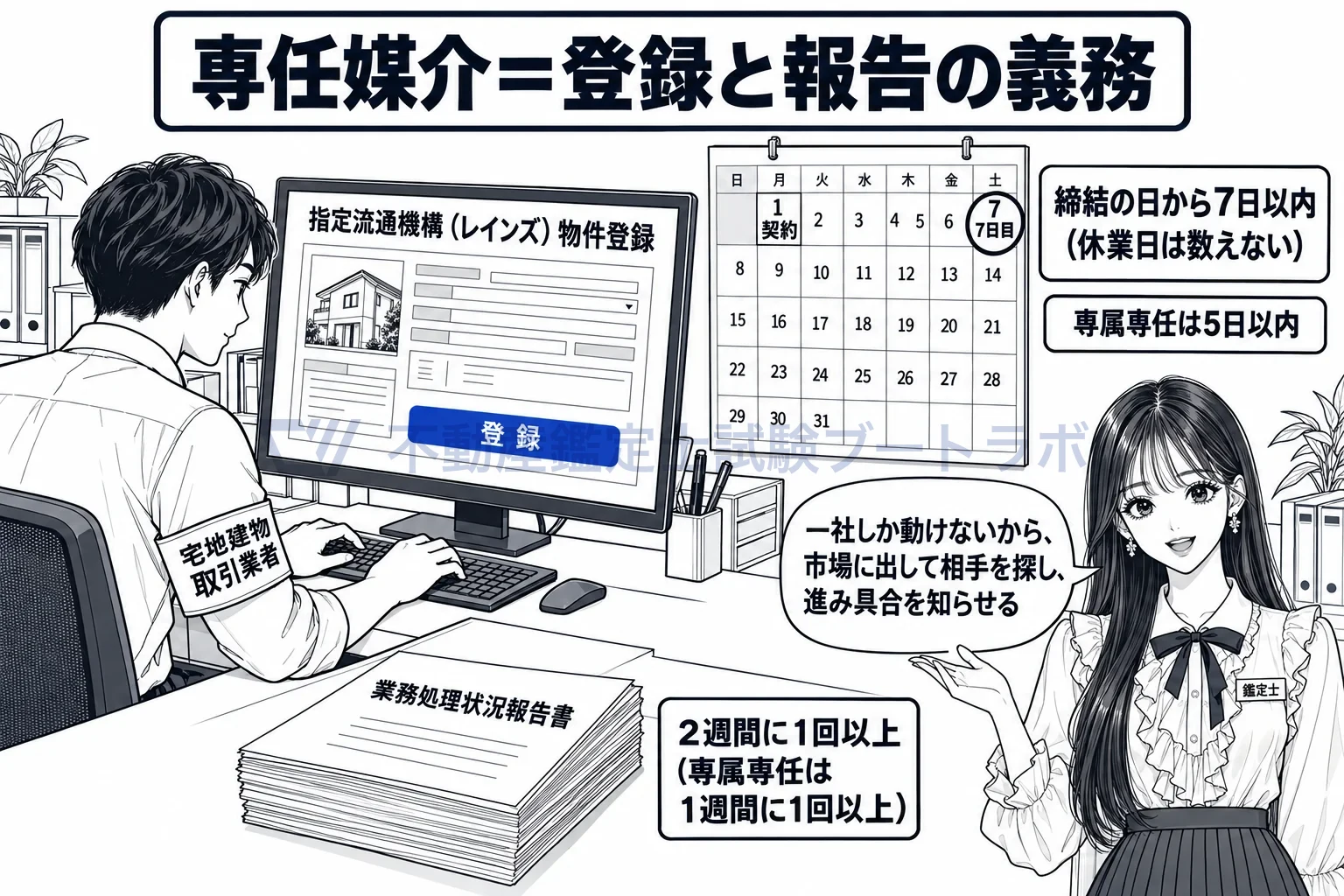 専任媒介契約の図解:7日以内にレインズへ登録し、2週間に1回以上報告する。