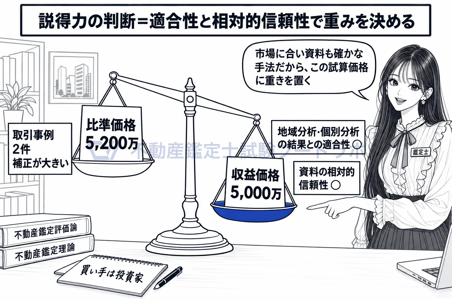 説得力に係る判断の図解：市場に合い、資料も確かな手法の試算価格に重きを置く。