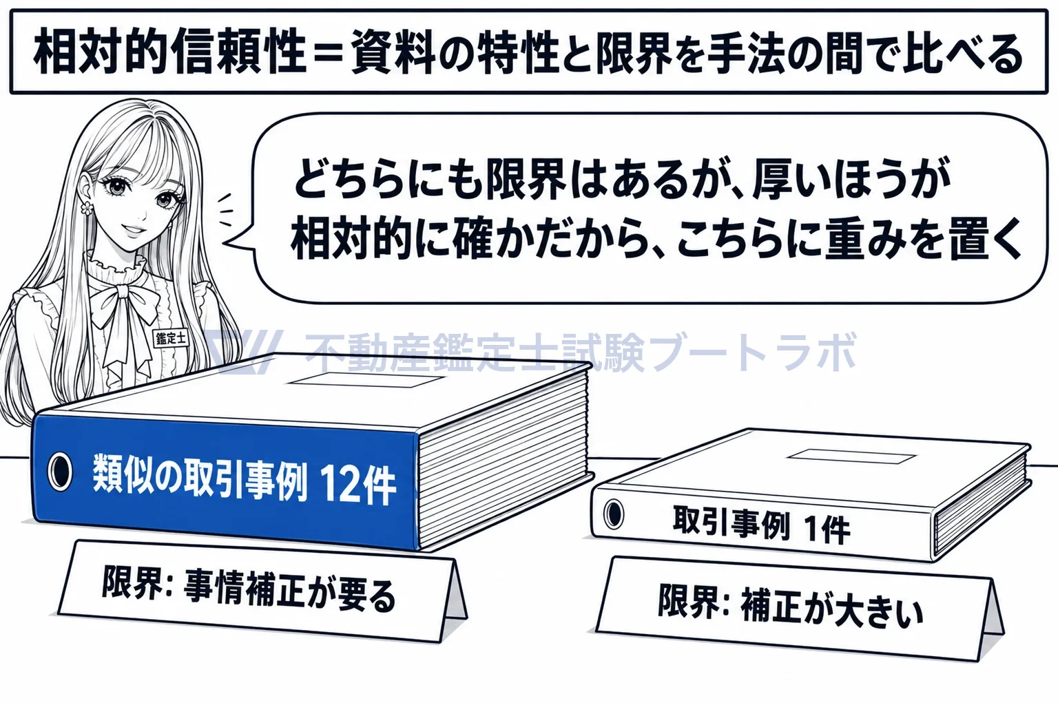 説得力に係る判断の図解：どの資料にも限界があるので、手法の間で見比べて相対的に確かなほうに重みを置く。