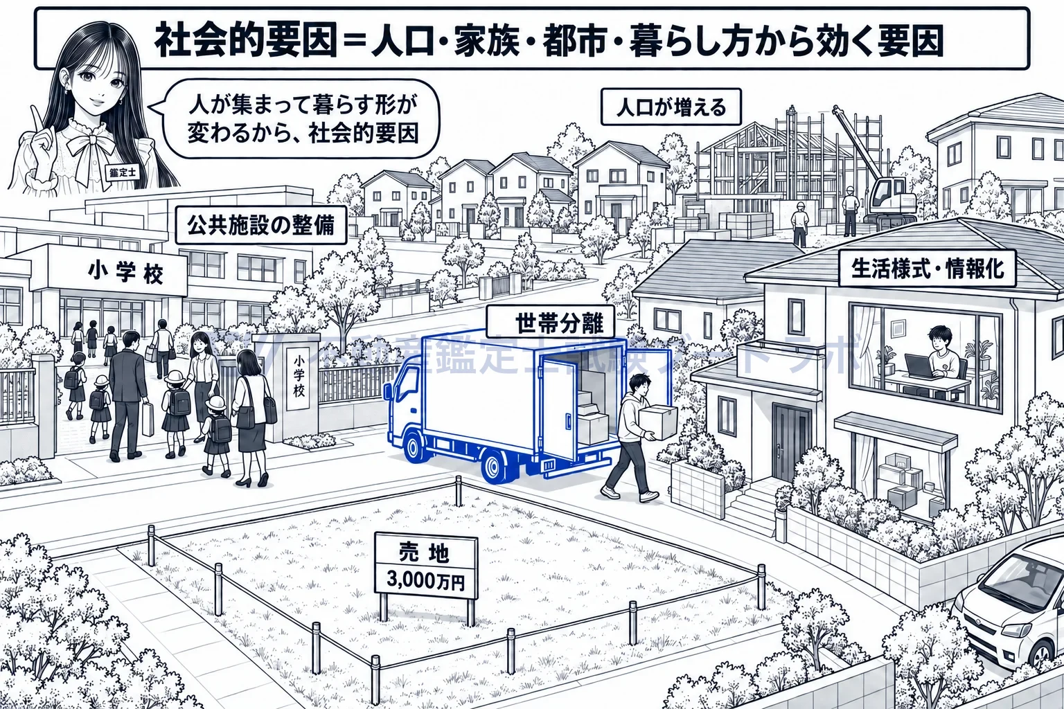 社会的要因の図解：人口、家族の形、公共施設、暮らし方。人が集まって暮らす形が値段を動かす。