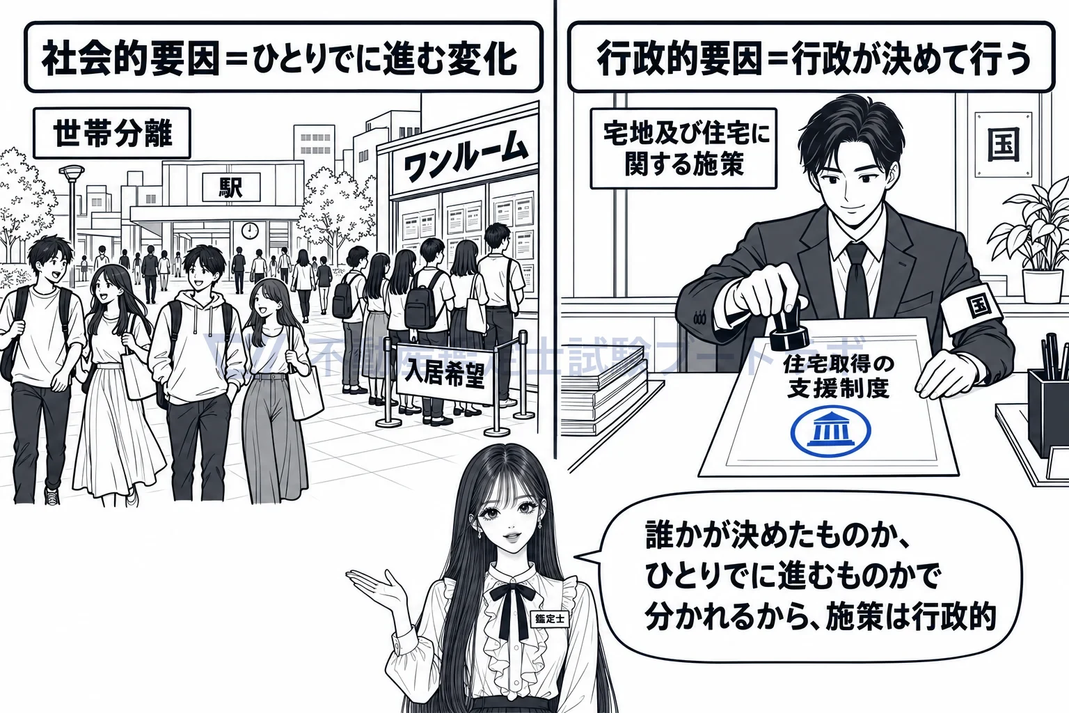 社会的要因の図解：ひとりでに進む暮らしの変化は社会的、行政が決めた制度は行政的。