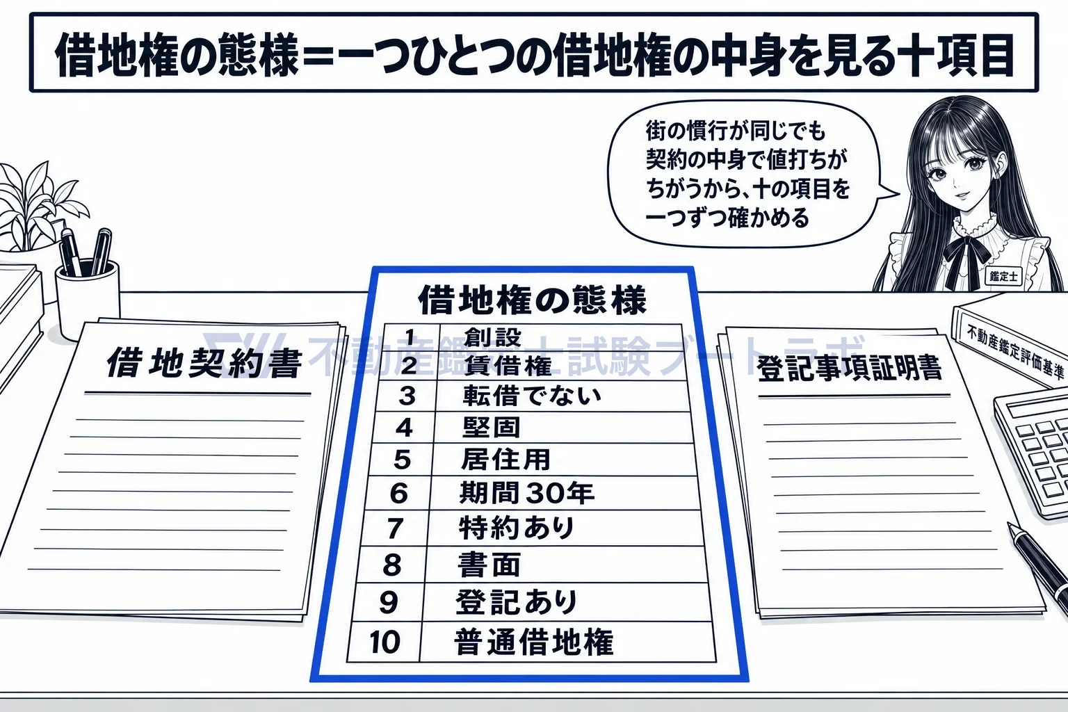 借地権の態様の図解:契約書と登記を読んで、十の項目を一つずつ確かめる。