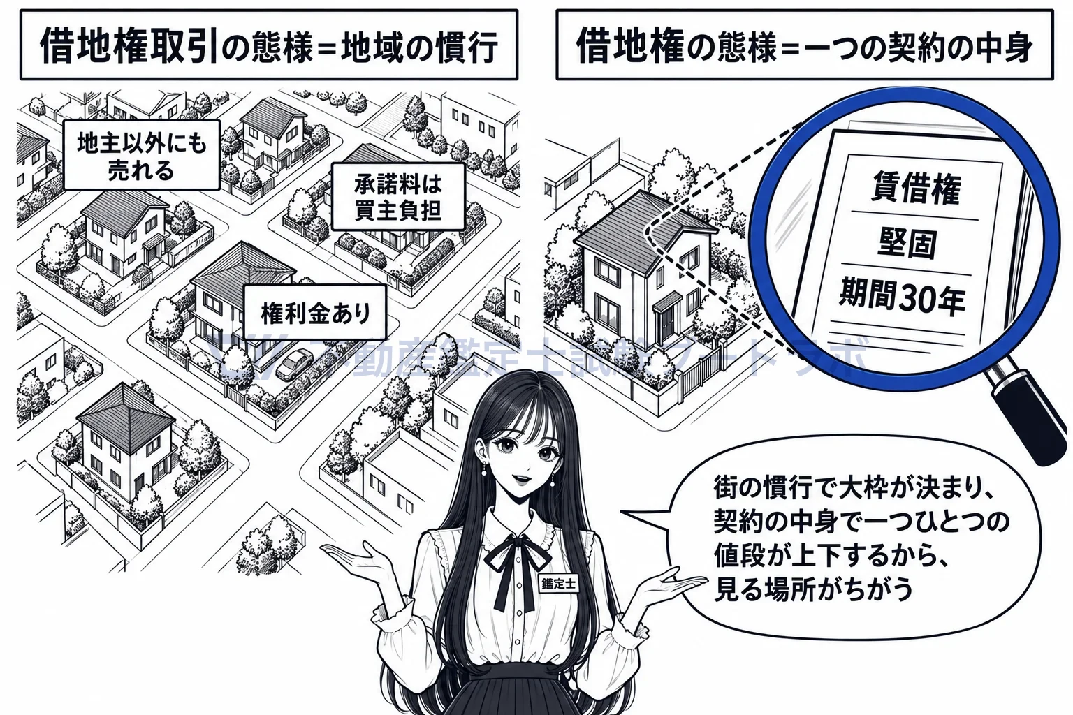 借地権取引の態様の図解:街の慣行を見るのが取引の態様、一通の契約の中身を見るのが借地権の態様。