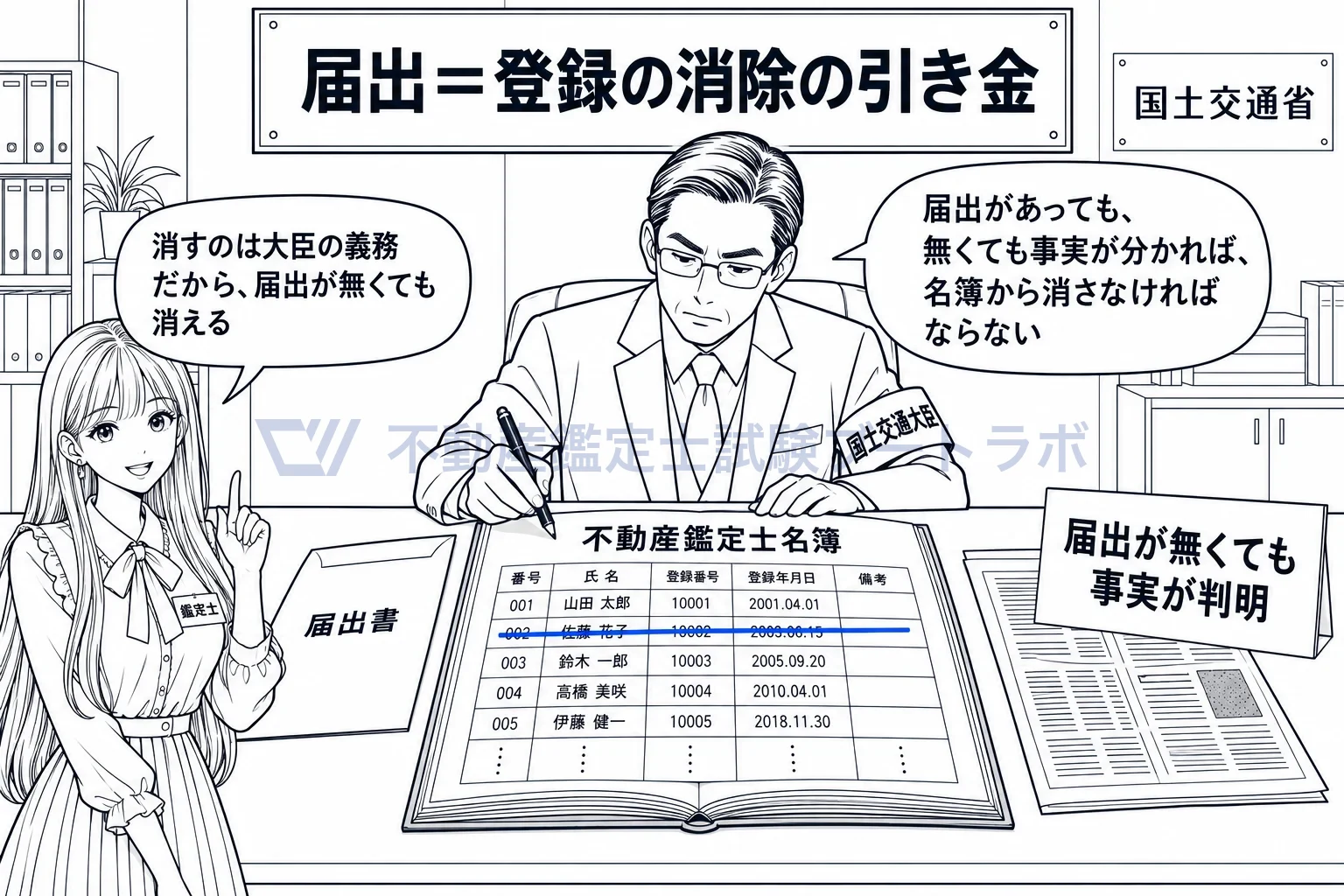 死亡等の届出の図解：届出が来ても、届出が無くても事実が分かれば、大臣は名簿から消す。
