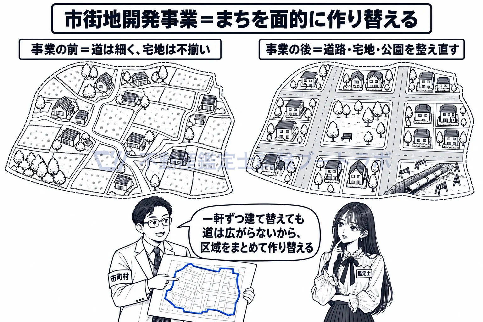 市街地開発事業の図解：一軒ずつでは道が広がらないから、区域をまとめて作り替える。